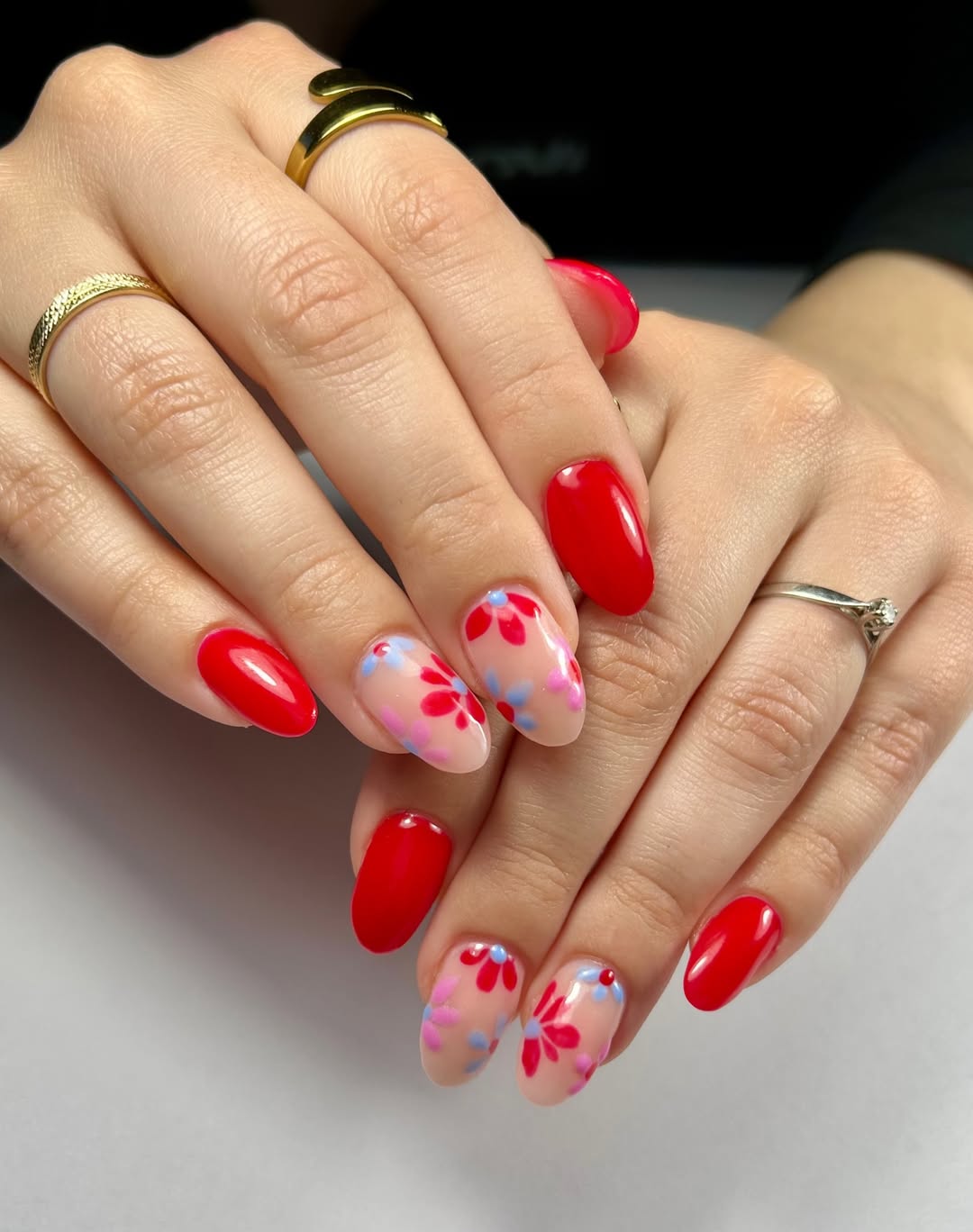Red Solid and Sheer Floral Nail Art Mix