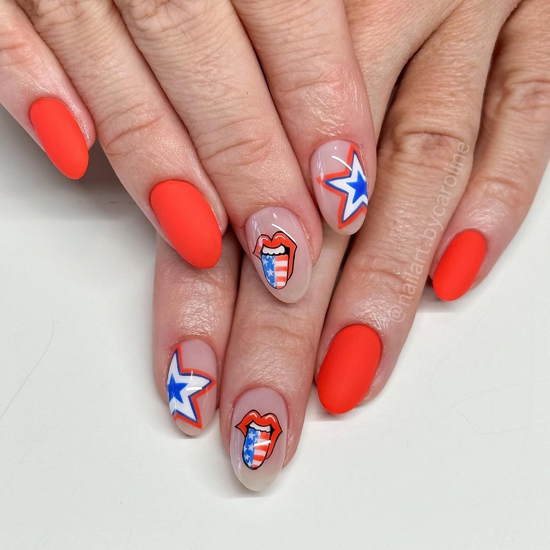 24 Red White Blue Nails You Need for 2026 23 Red White and Blue Mismatched Pop Art Matte Oval