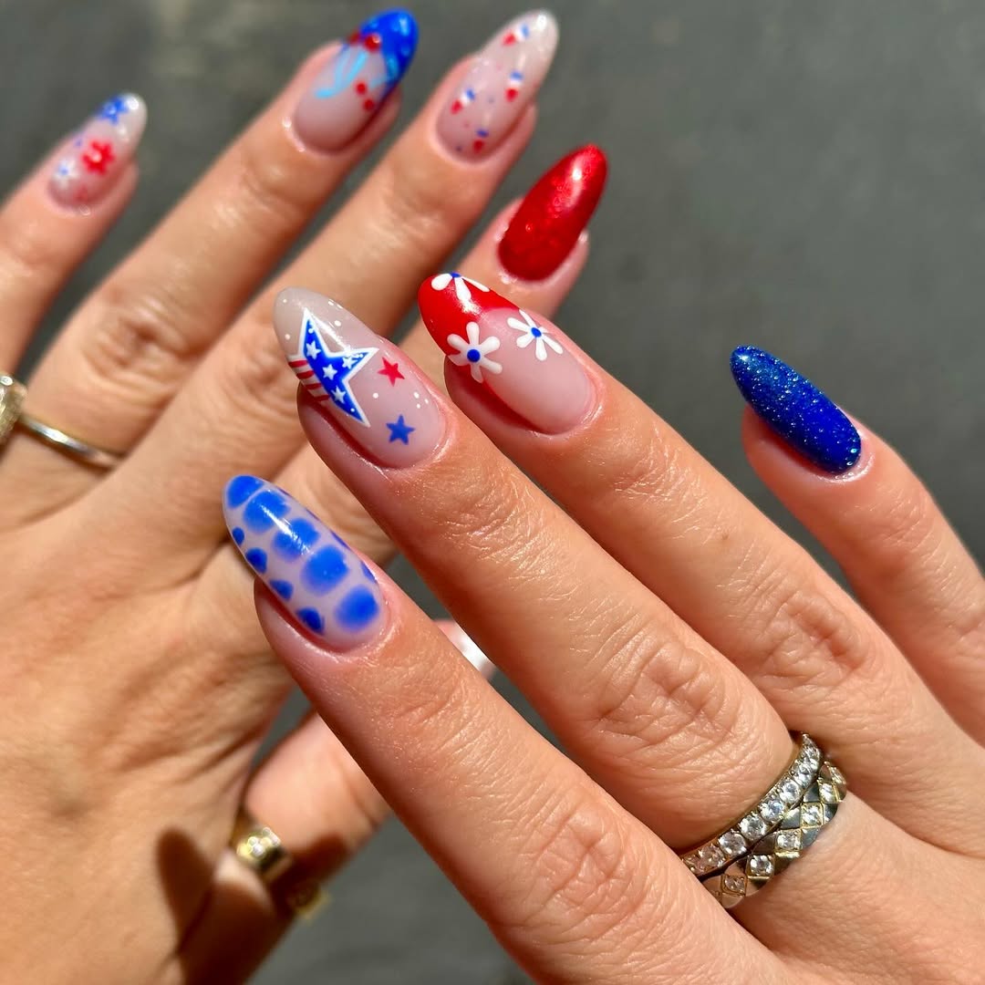 Red White Blue Star Spangled Summer Almond Nails