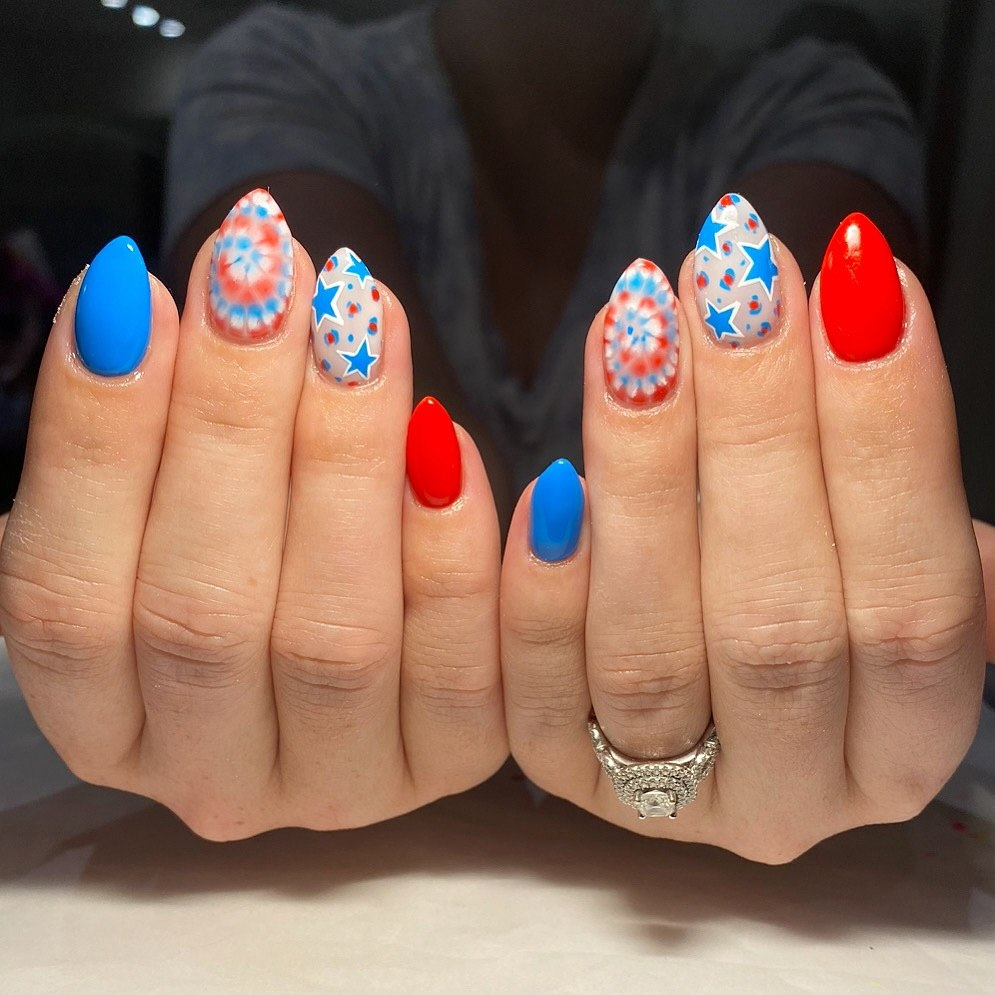 Red White Blue Tie Dye Star Almond Nails