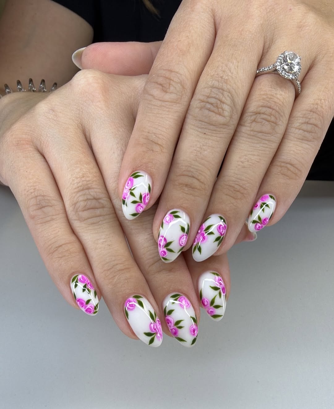 Romantic Pink Rosebud Garden French Manicure