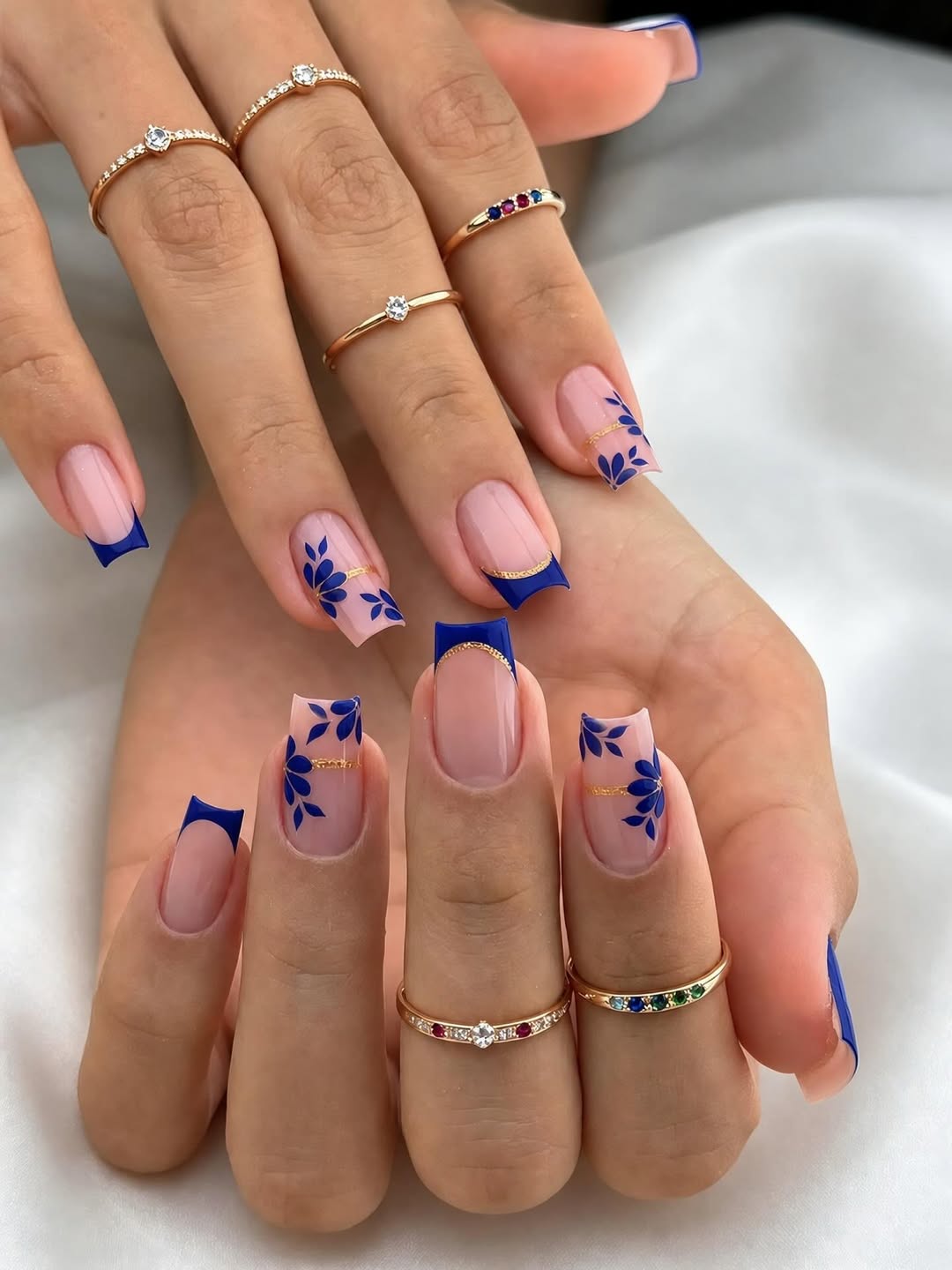 Royal Blue French Tips with Gold and Leaf Art