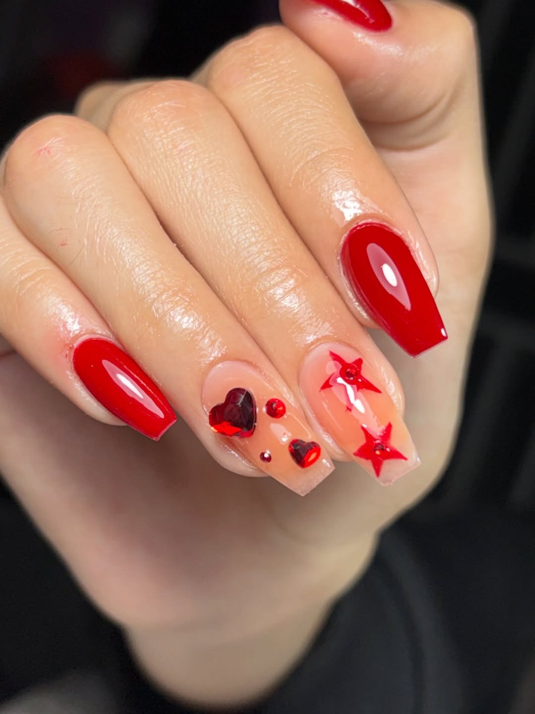 Ruby Red Coffin Nails with Heart and Star Decals