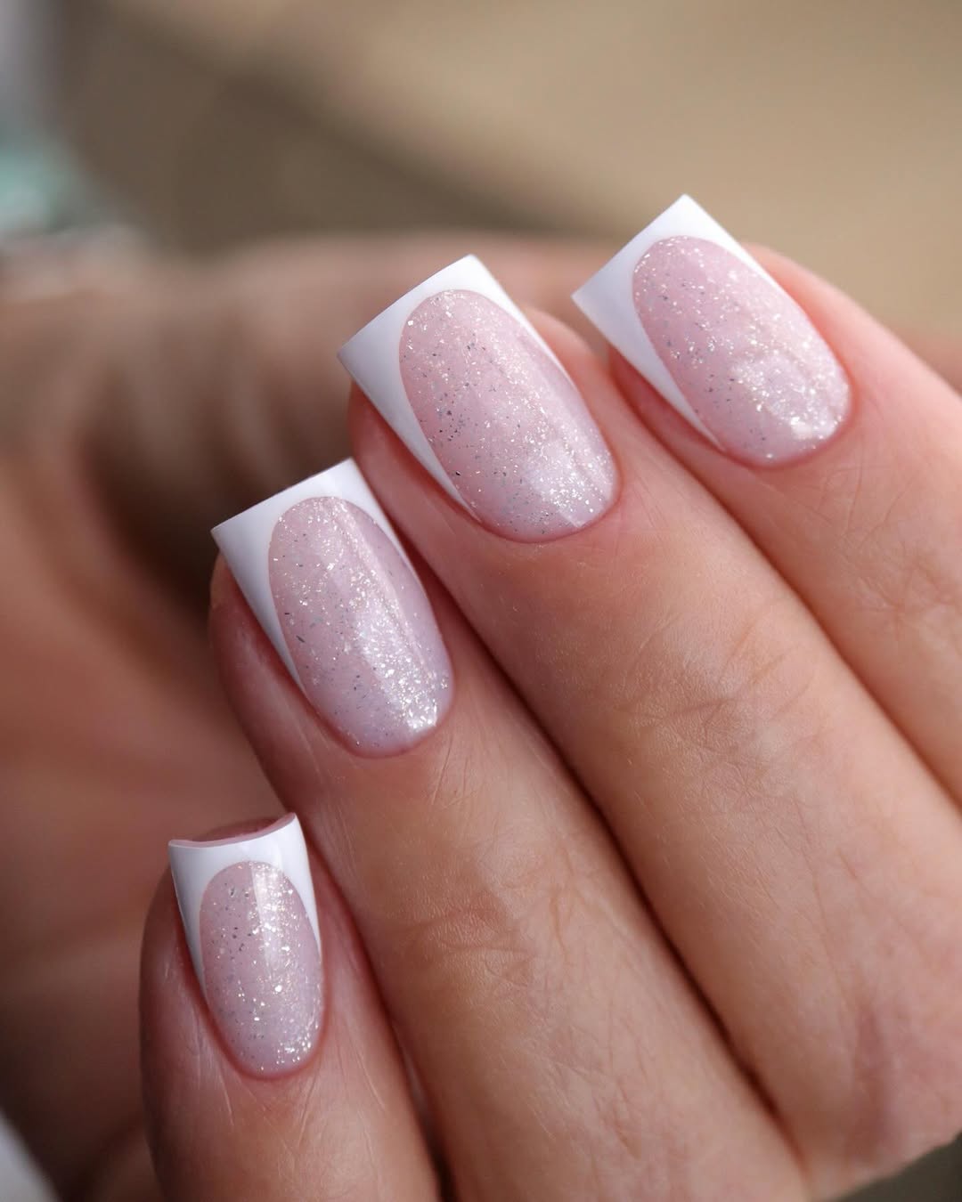 Shimmering Pink French Squared Tips