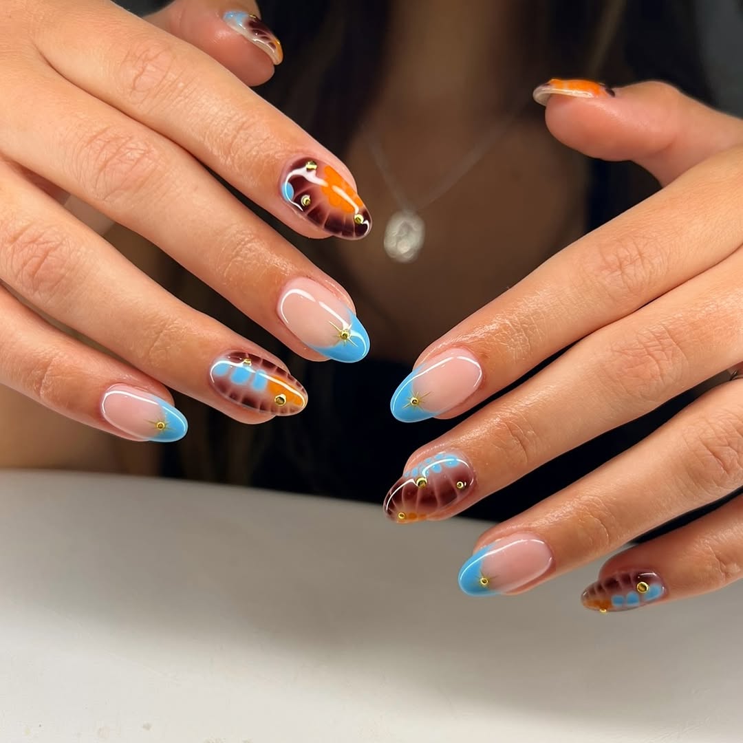 Sky Blue French Tips with Abstract Swirls