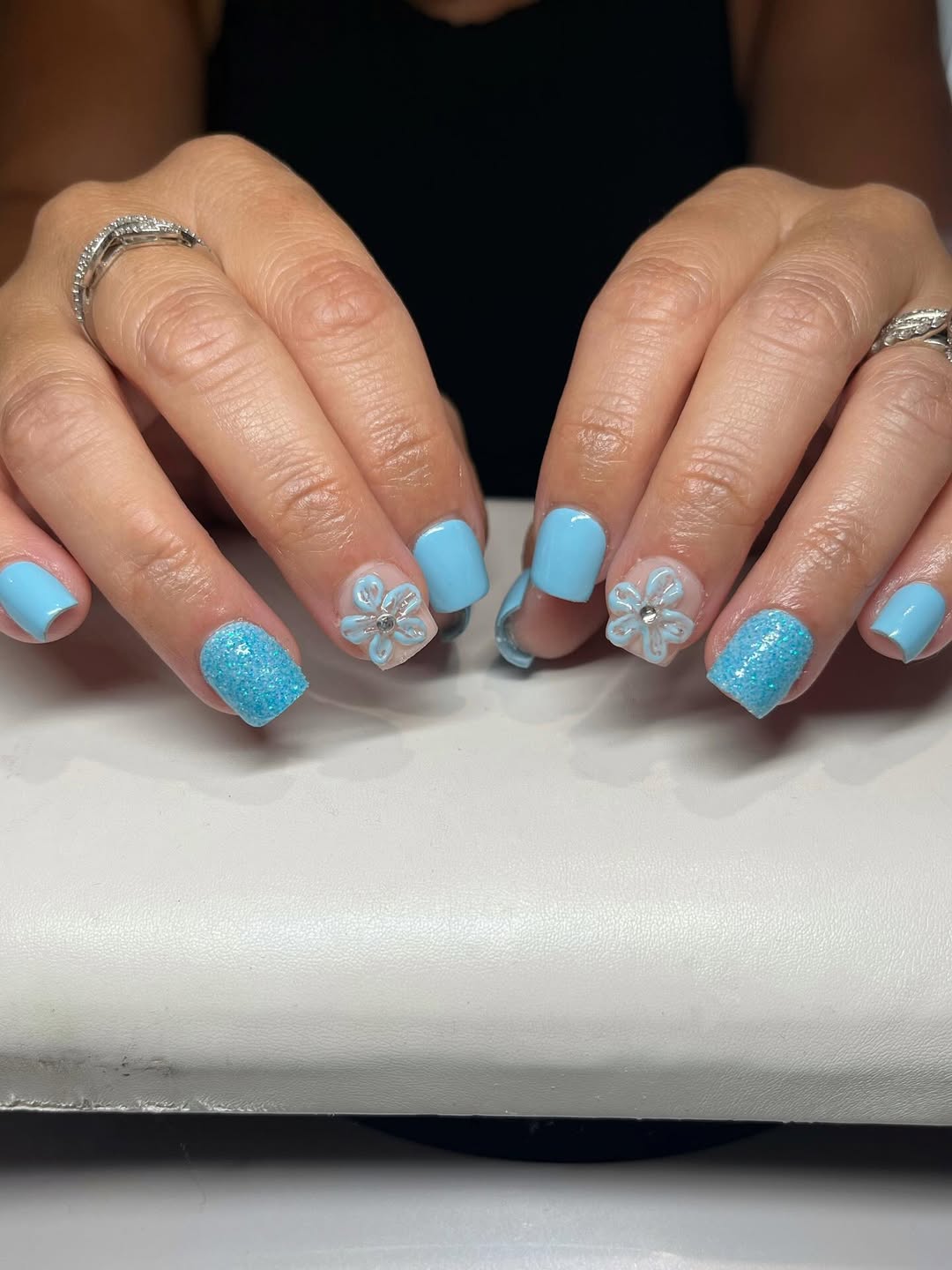 Sky Blue Glitter And Floral Short Coffin Nails