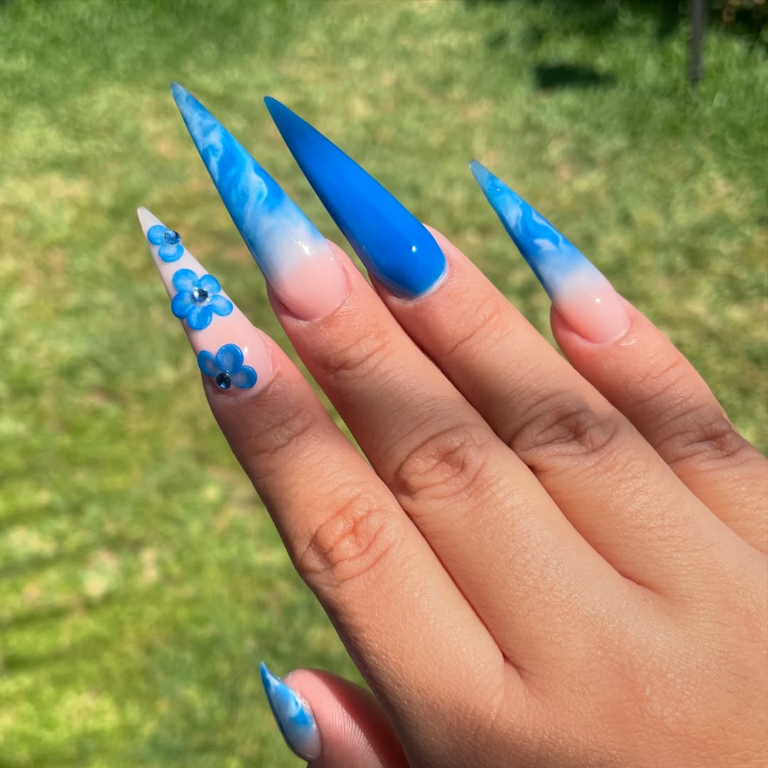 Sky Blue Marble Ombre Stiletto Nails with Flowers
