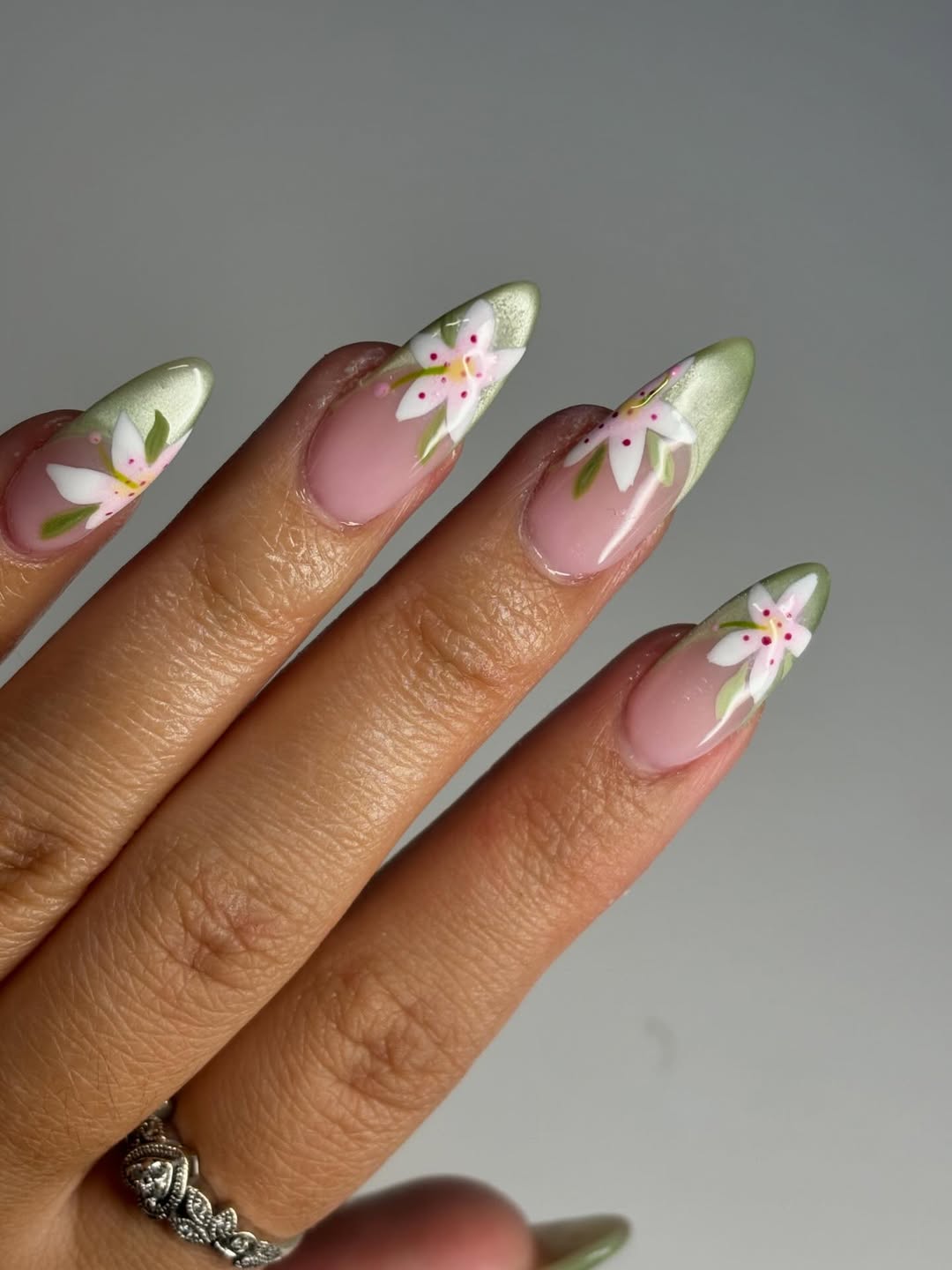 Soft Green French Tips with Blooming White Flowers