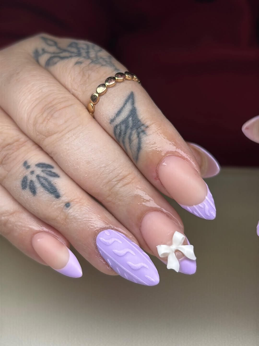 Soft Lavender French Tips with Cable Knit and Bow Accent