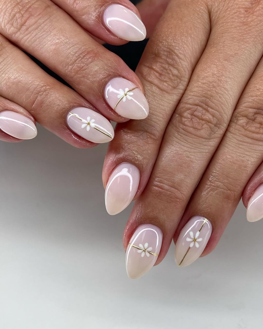 Soft Milky Pink Ombre Almond Daisy Nails