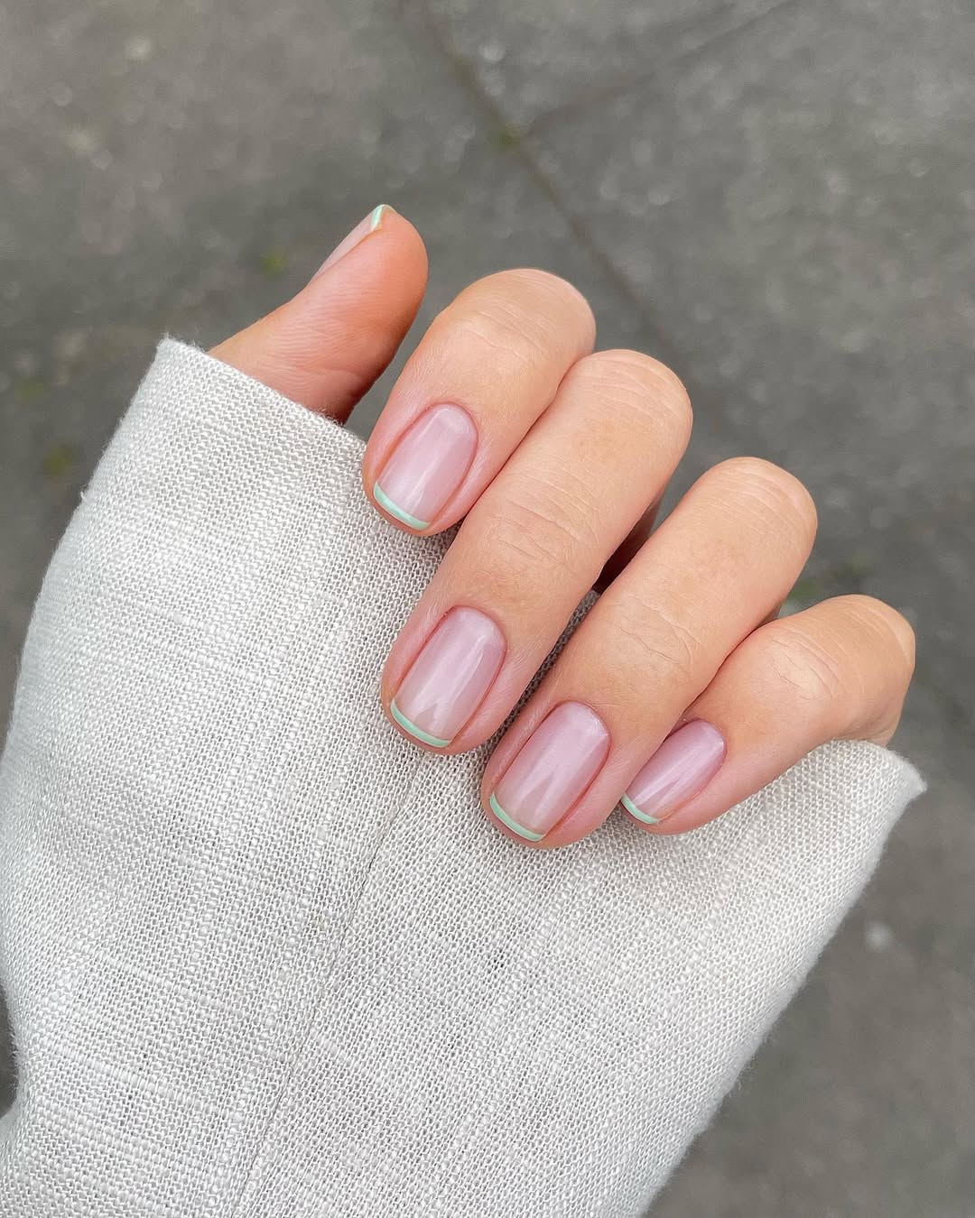 Soft Mint Micro French Tip Round Nails
