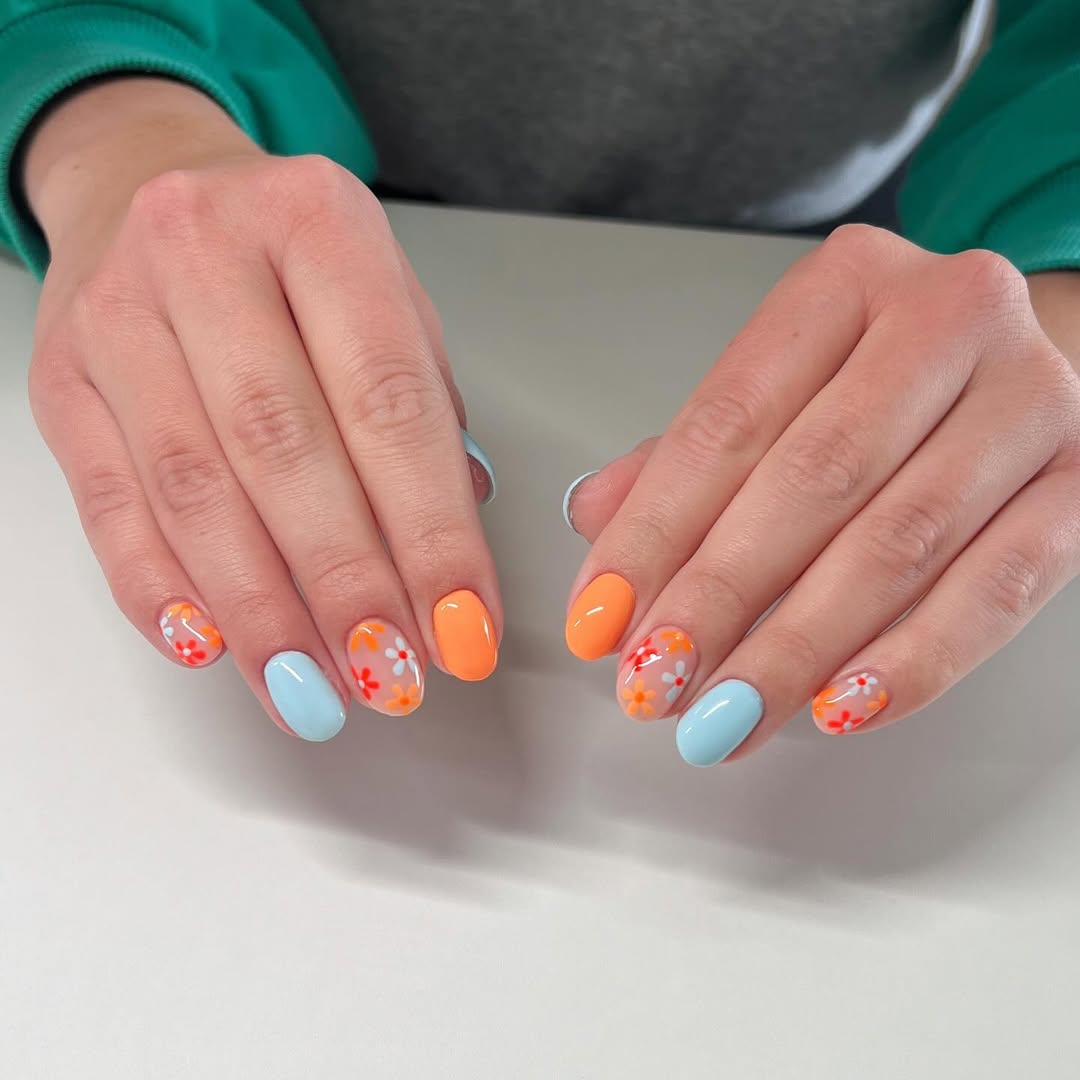 Soft Orange And Blue Floral Mismatched Oval Nails