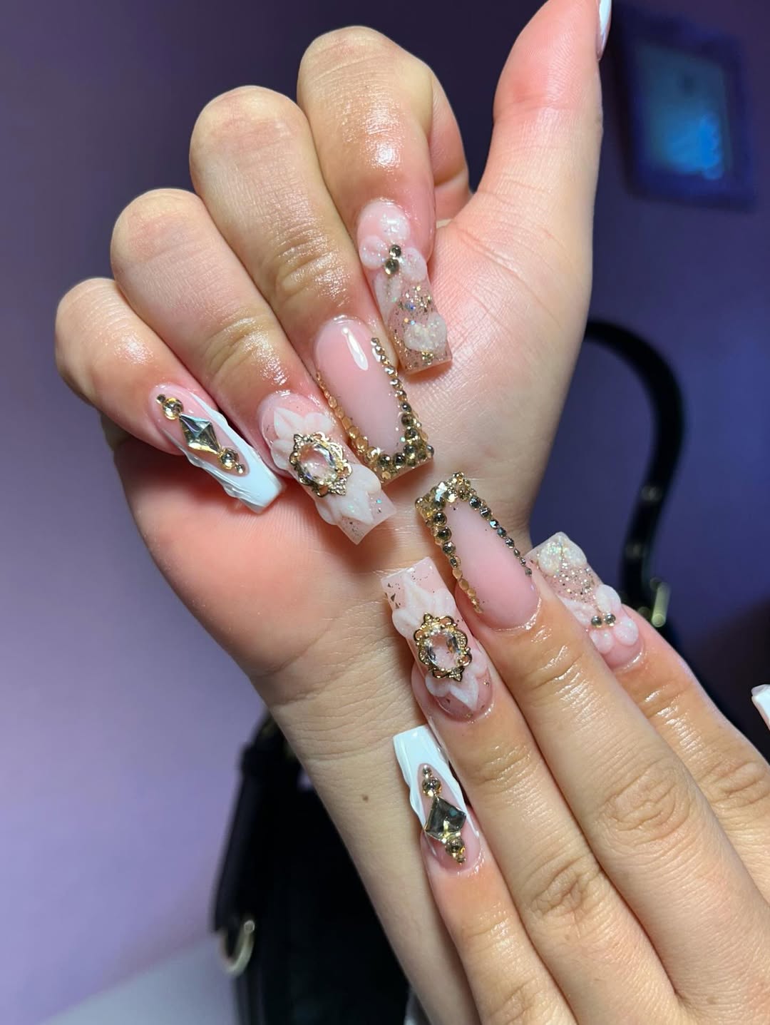 Soft Pink and White Crystal Embellished Coffin Nails