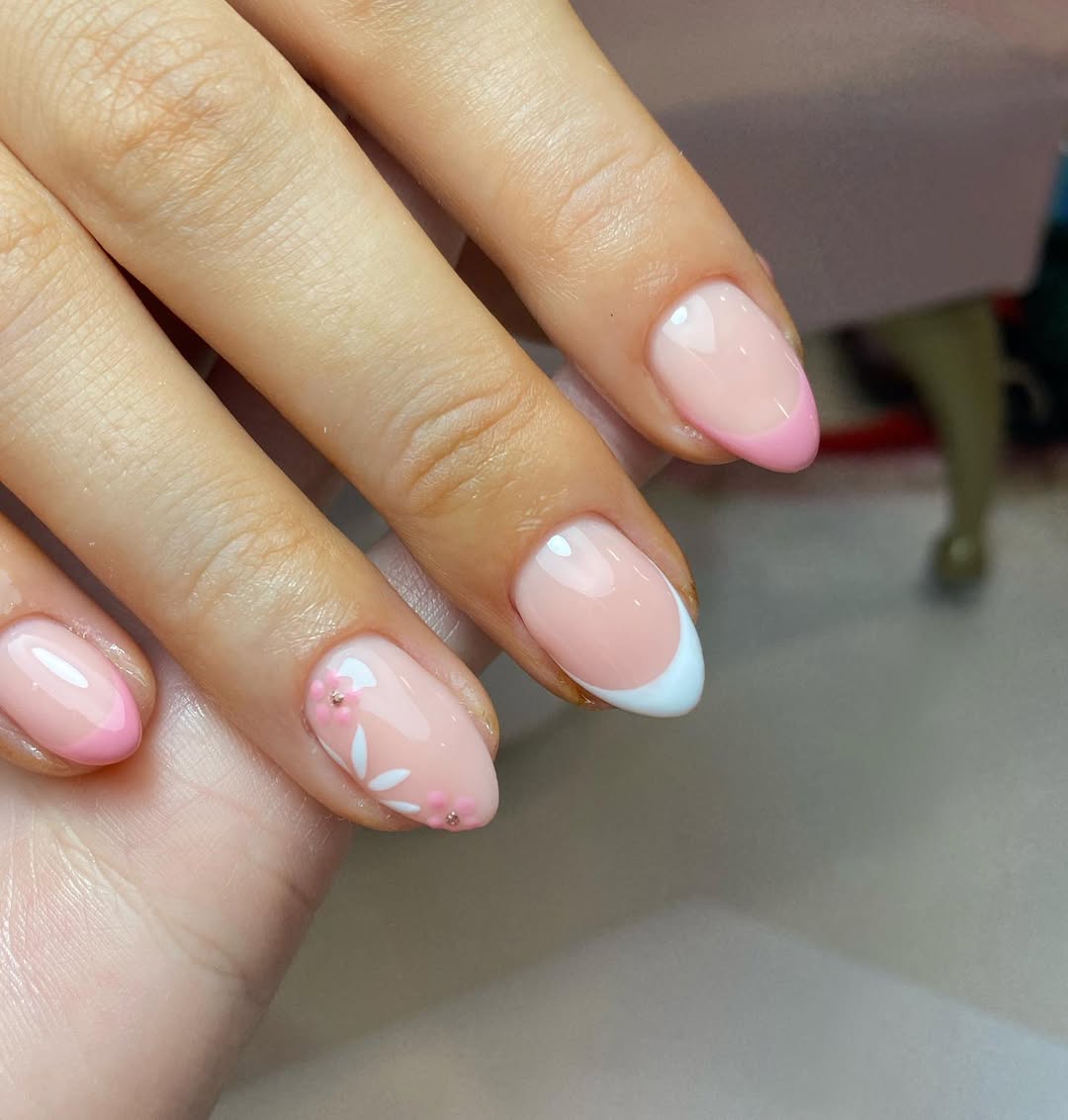 Soft Pink and White French Tips with Floral Art