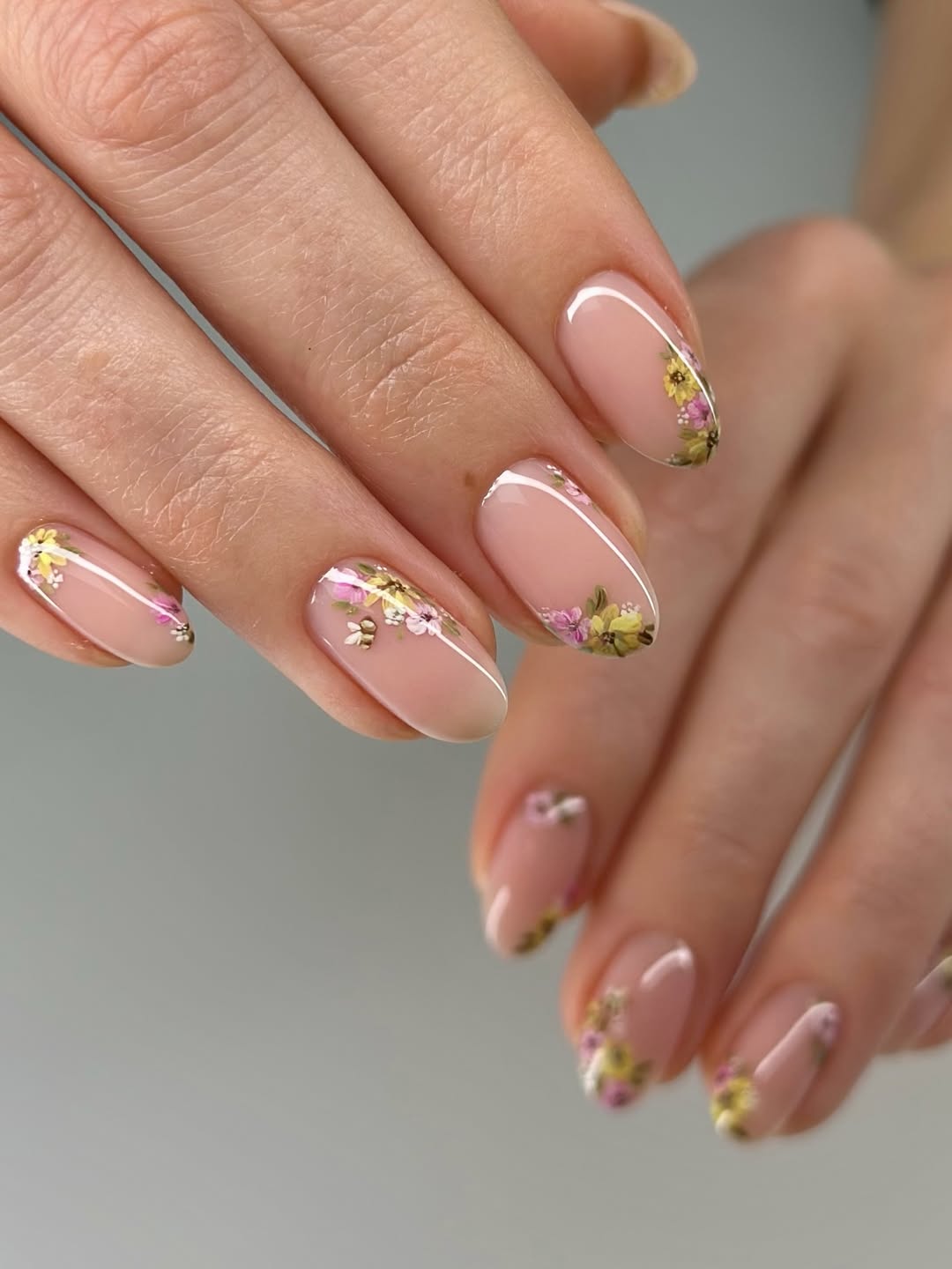 Soft Pink Floral French Tip with Gold Details