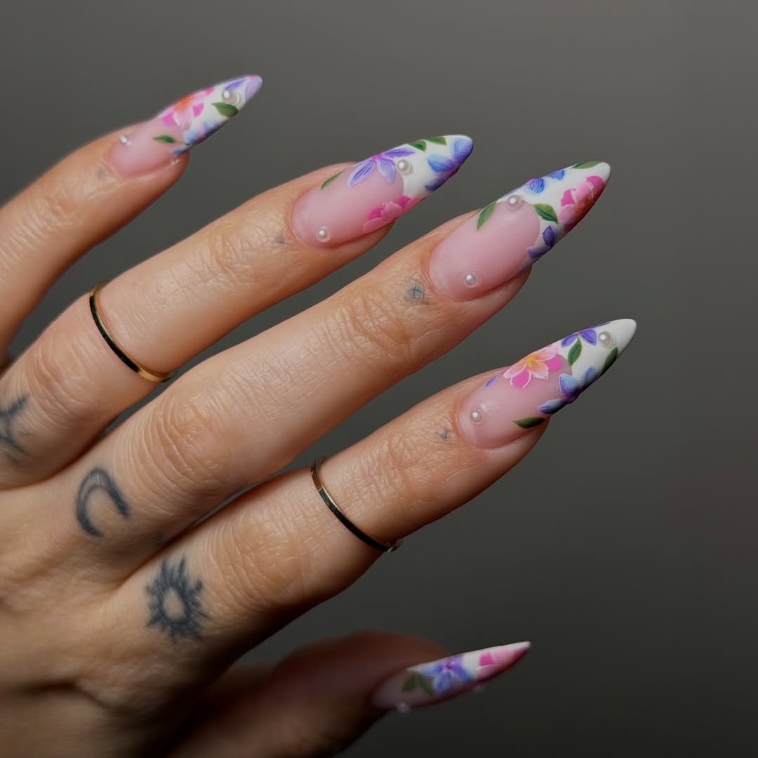 Soft Pink Floral Stiletto French Tips with Pearl Accents