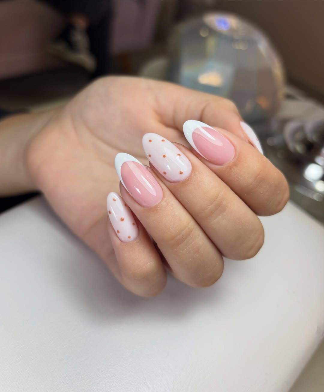 Soft Pink French Tips Gold Polka Dot Accent