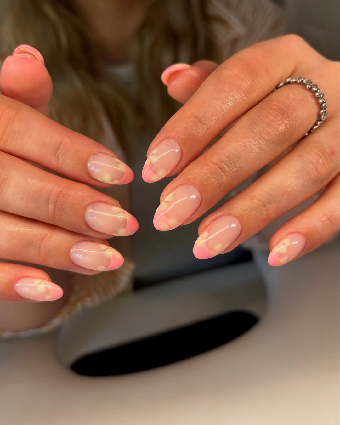 Soft Pink French Tips with Delicate Daisy Art