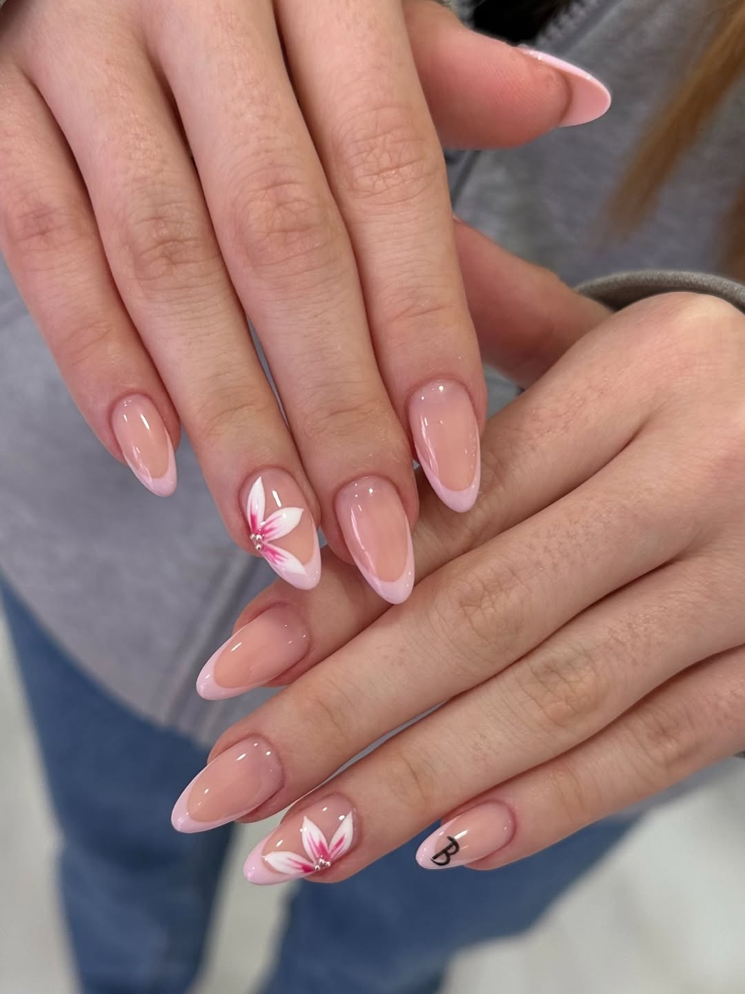 Soft Pink French Tips with Floral Art & Initial