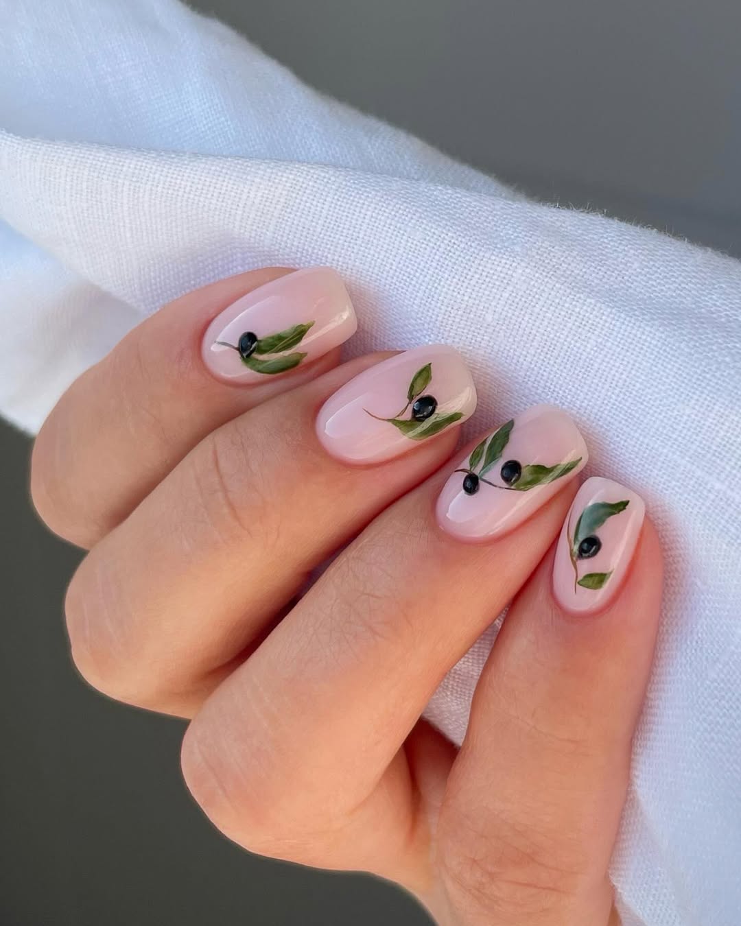 Soft Pink Glossy Gel with Olive Branch Art