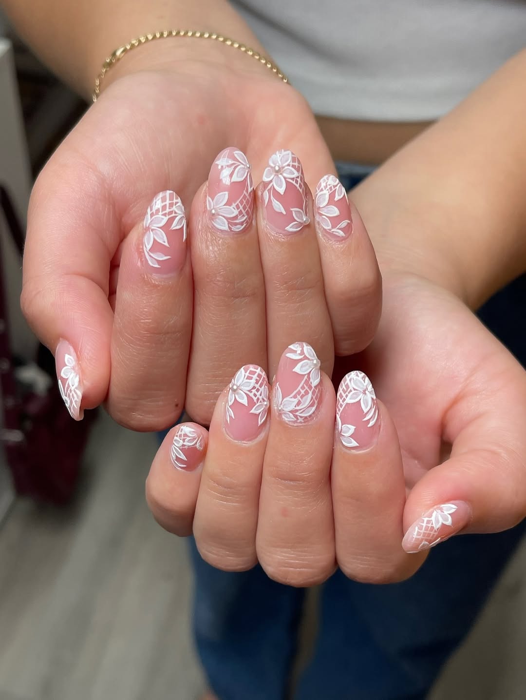 Soft Pink Lace Floral White Almond Nails