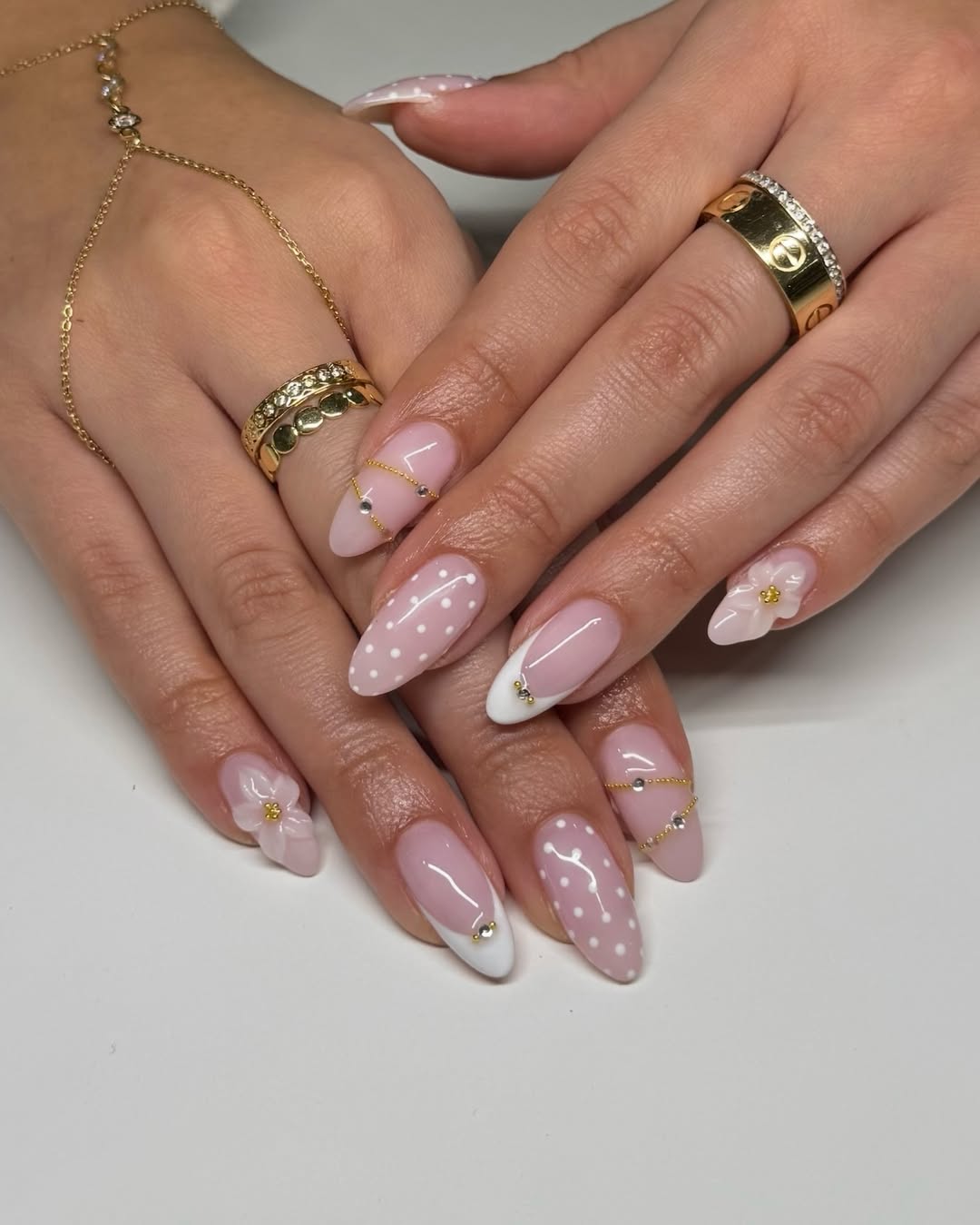 Soft Pink Polka Dot French Tips with 3D Flowers