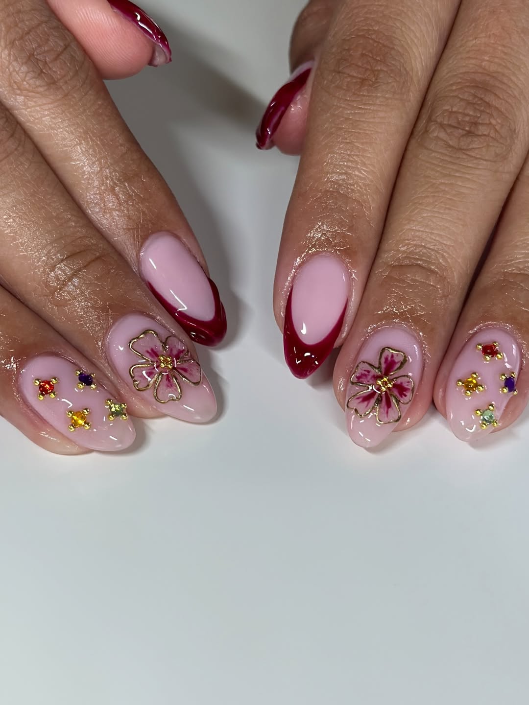 Soft Pink Red French Rhinestone Flower Almond Nails