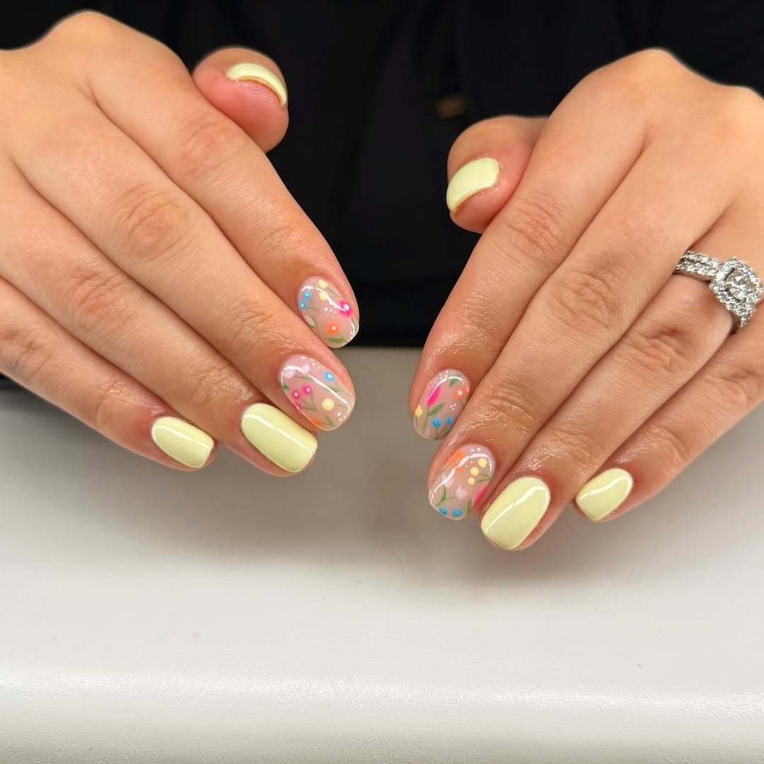 Soft Yellow and Floral Hand Painted Summer Nails