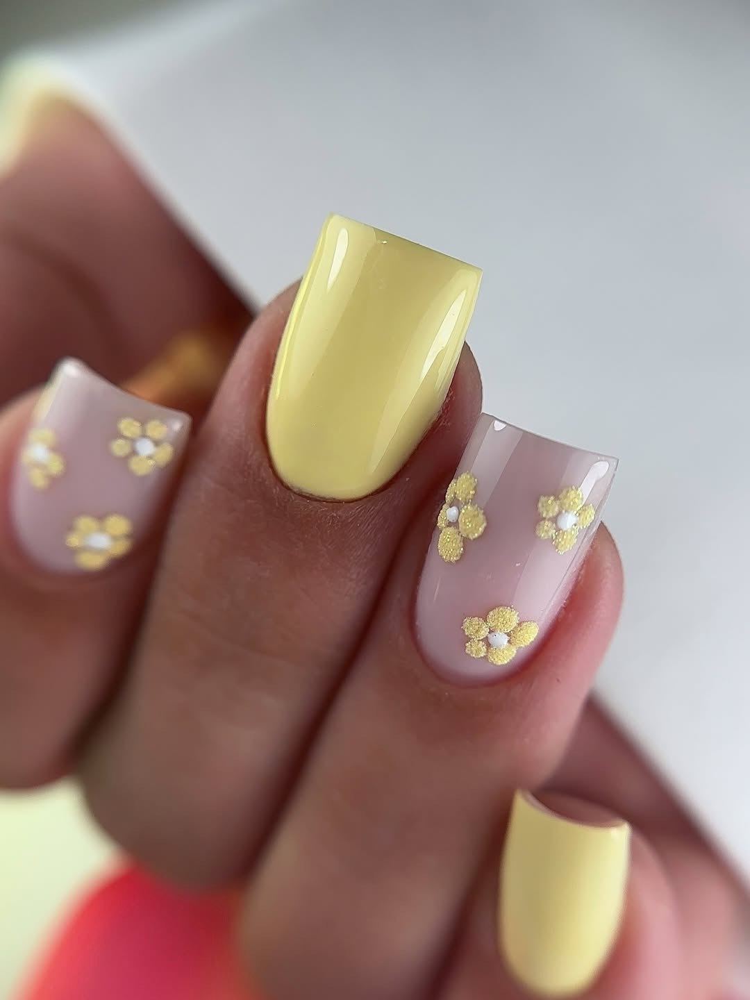 Soft Yellow Floral Accented Square Nails