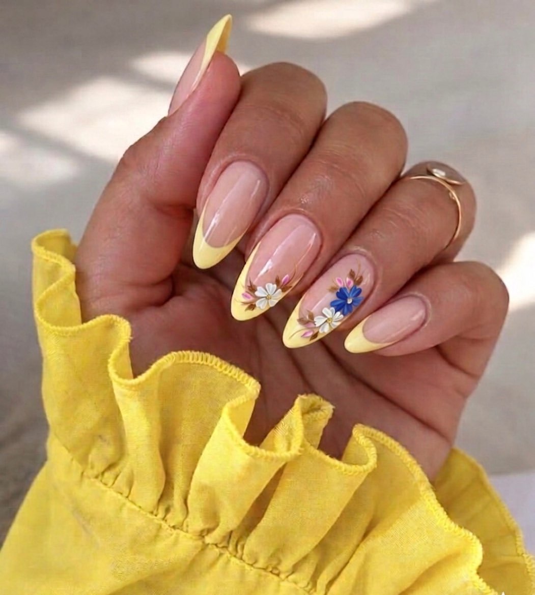 Soft Yellow French Tip Floral Almond Acrylics