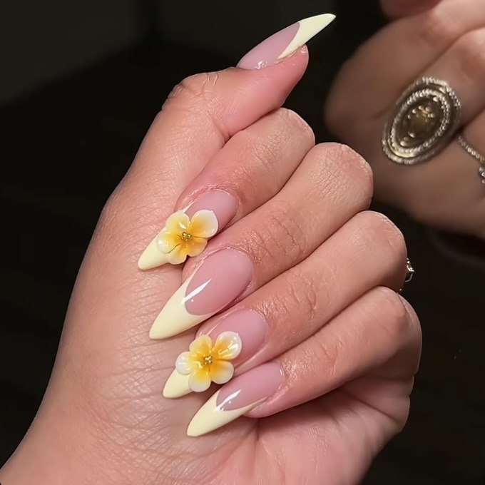 Soft Yellow French Tip Stiletto with 3D Flower Accents