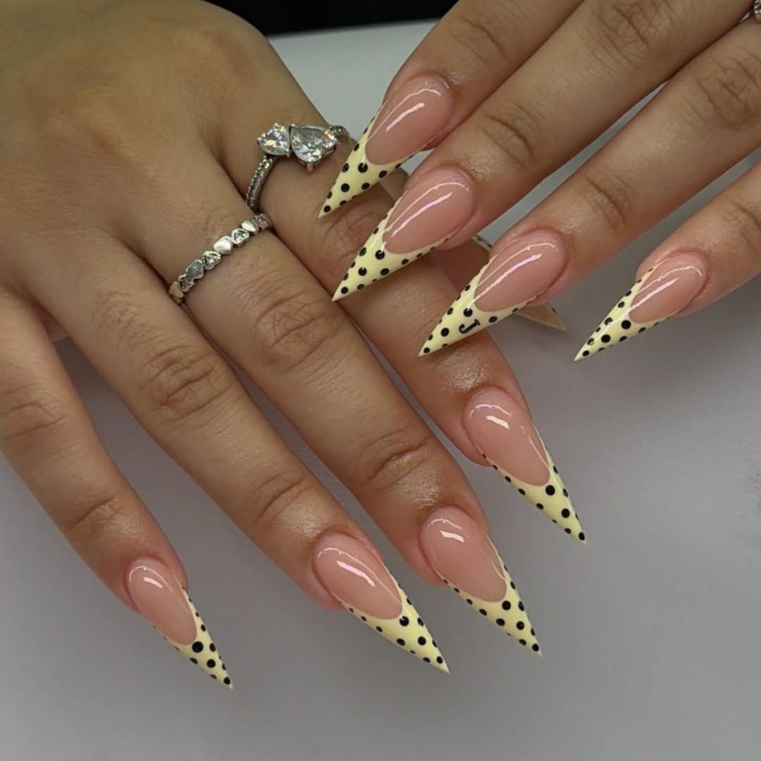 Soft Yellow Polka Dot Stiletto French Tips