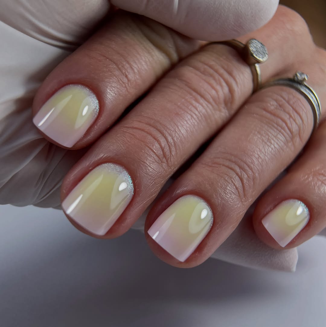 Soft Yellow to Pink Ombre Square Nails
