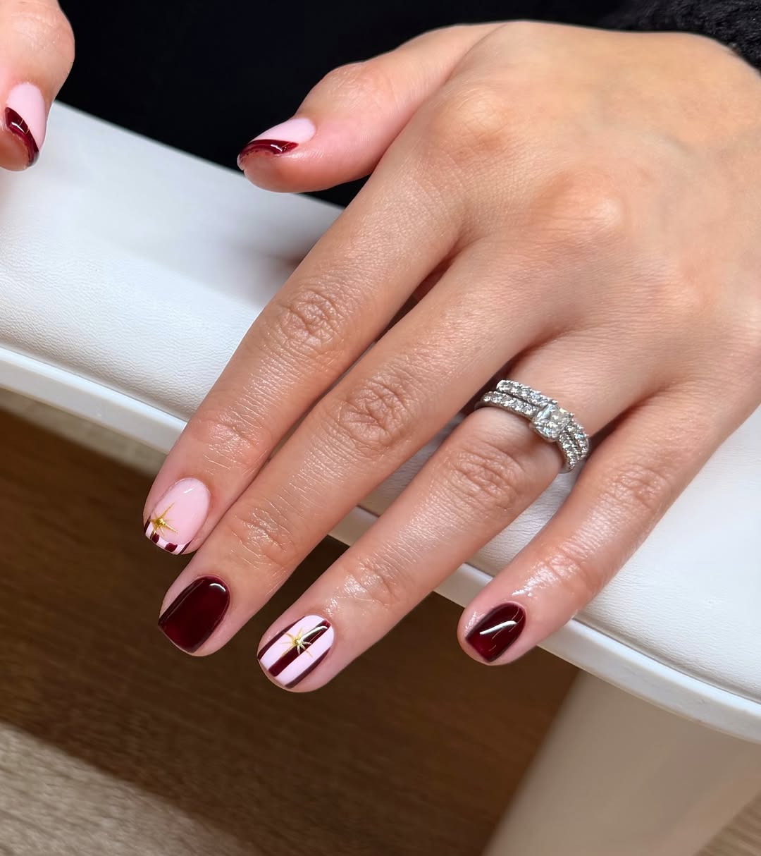 Sophisticated Burgundy French Tips and Striped Accents