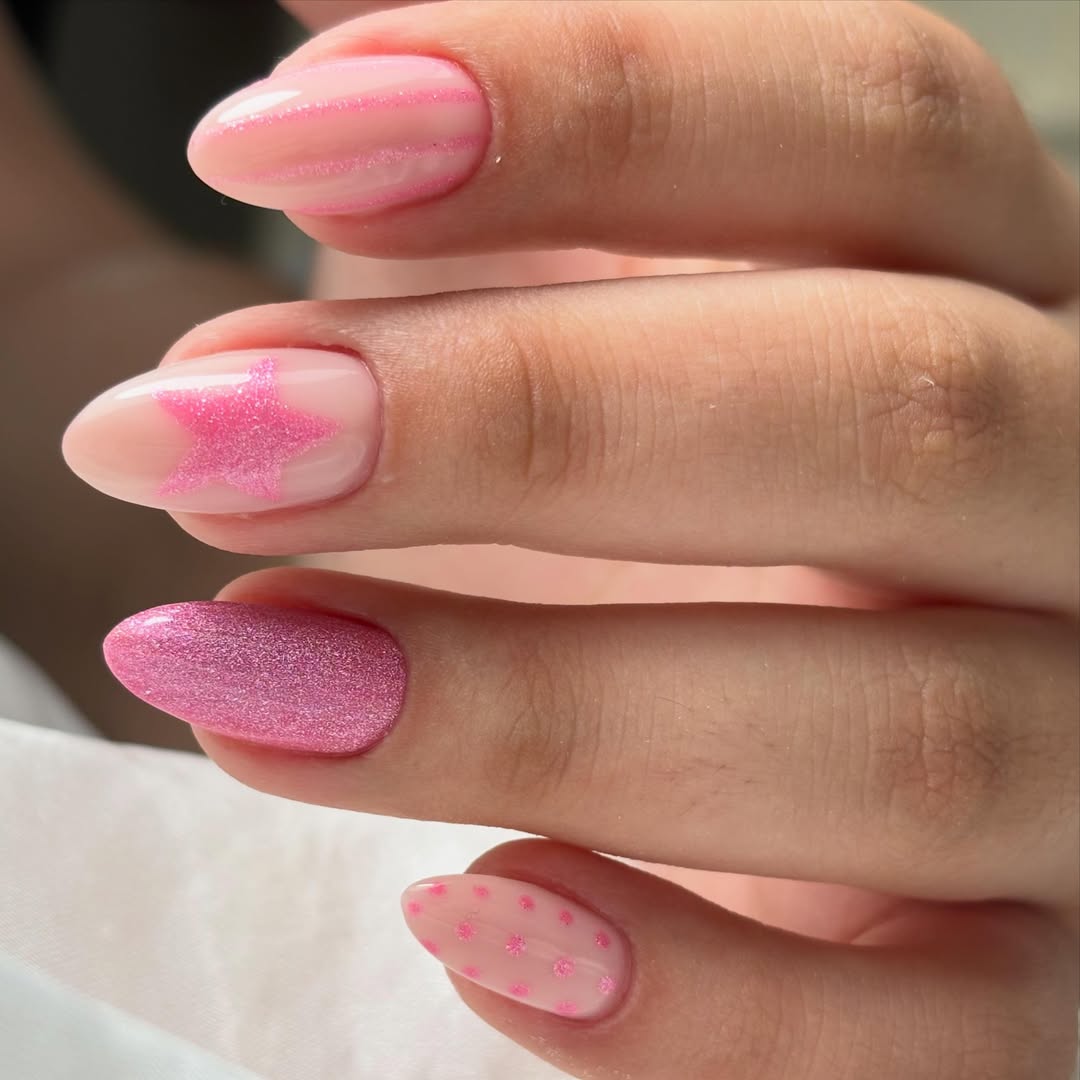 Sparkly Pink Star And Dotted Manicure