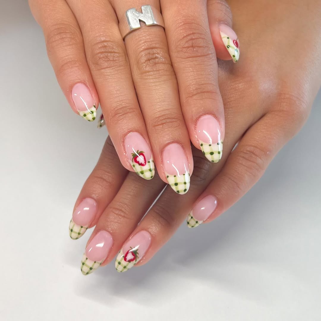 Strawberry Gingham French Tip Almond Nails