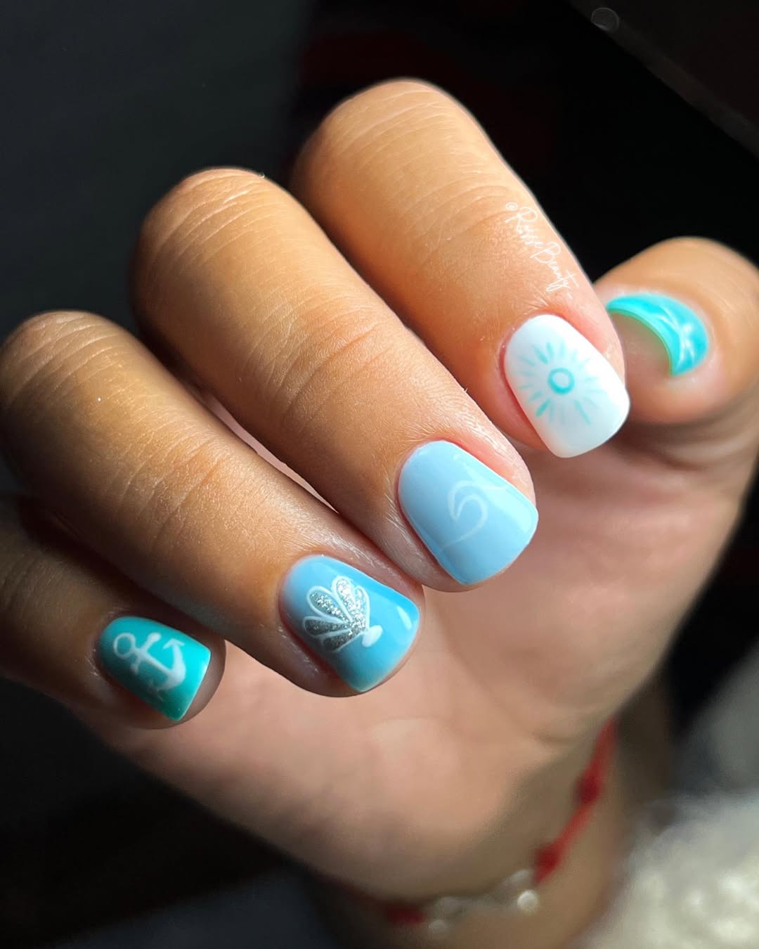 Summer Aqua Blue and White Beach Nail Art