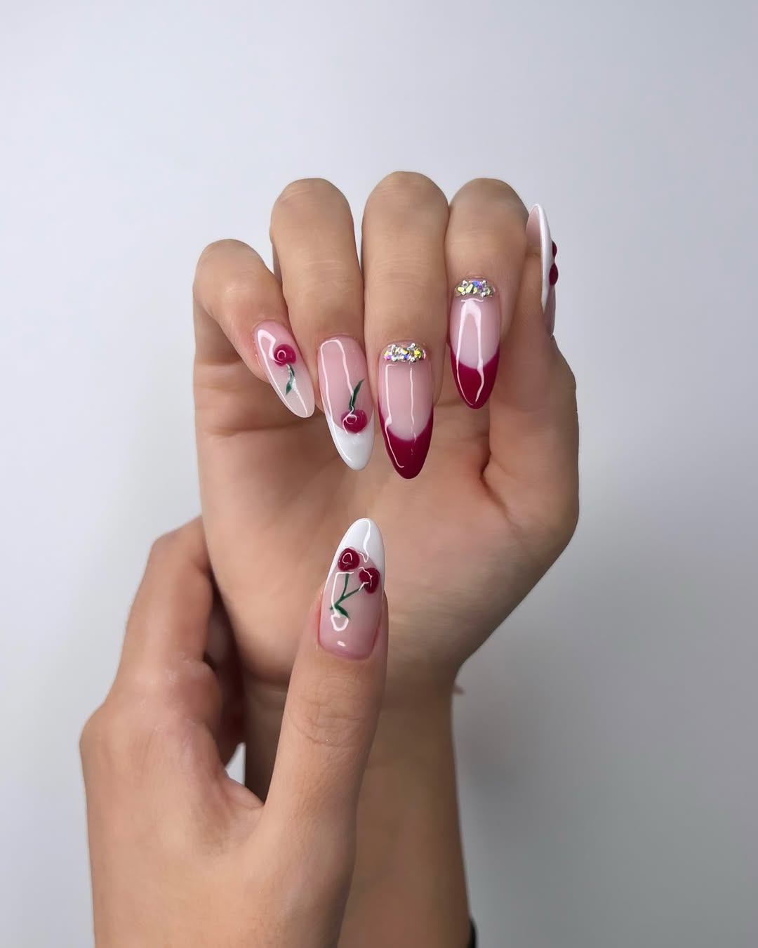 Summer Cherry French Tips with Rhinestone Bands