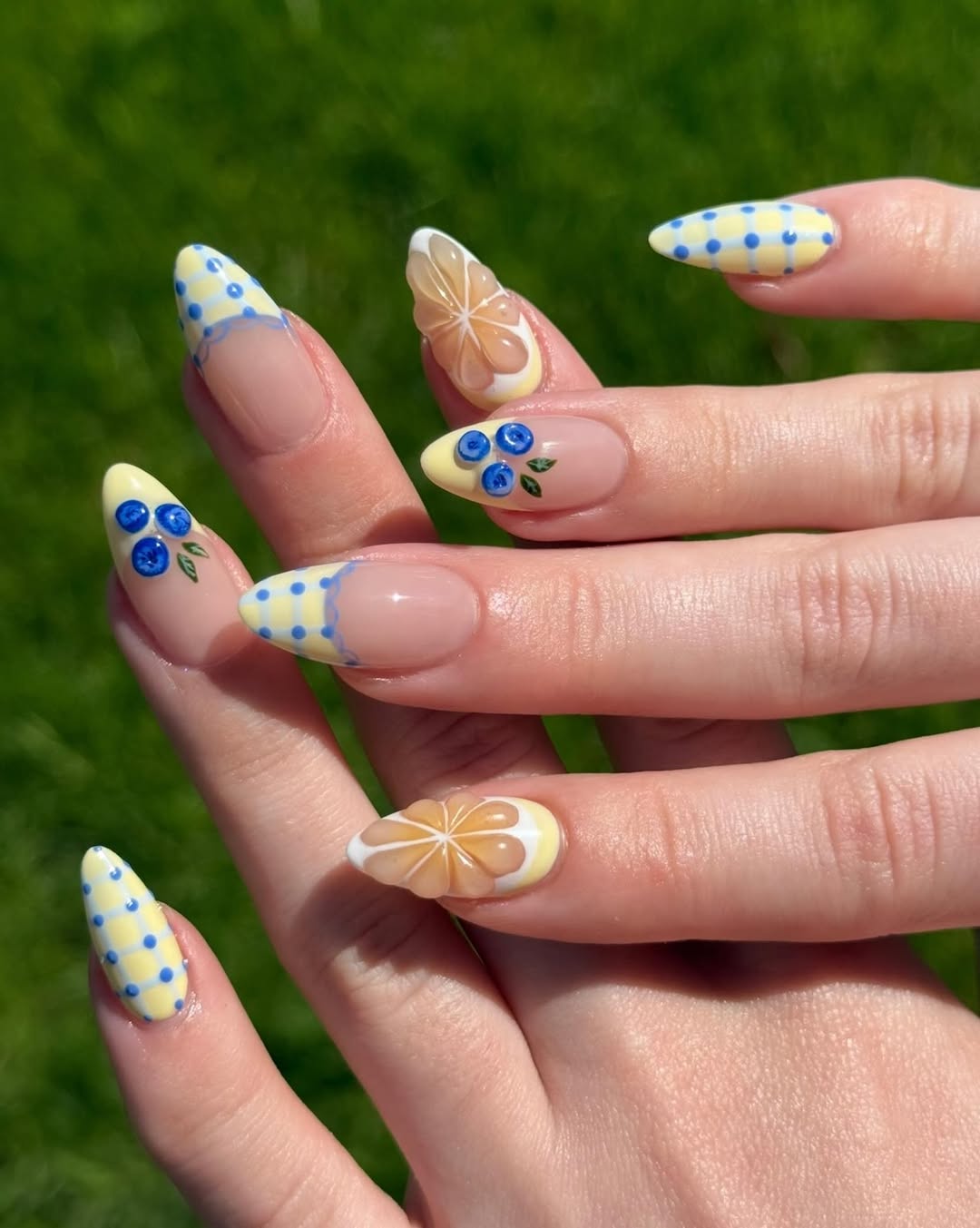 Summer Citrus and Berry Almond Nail Art