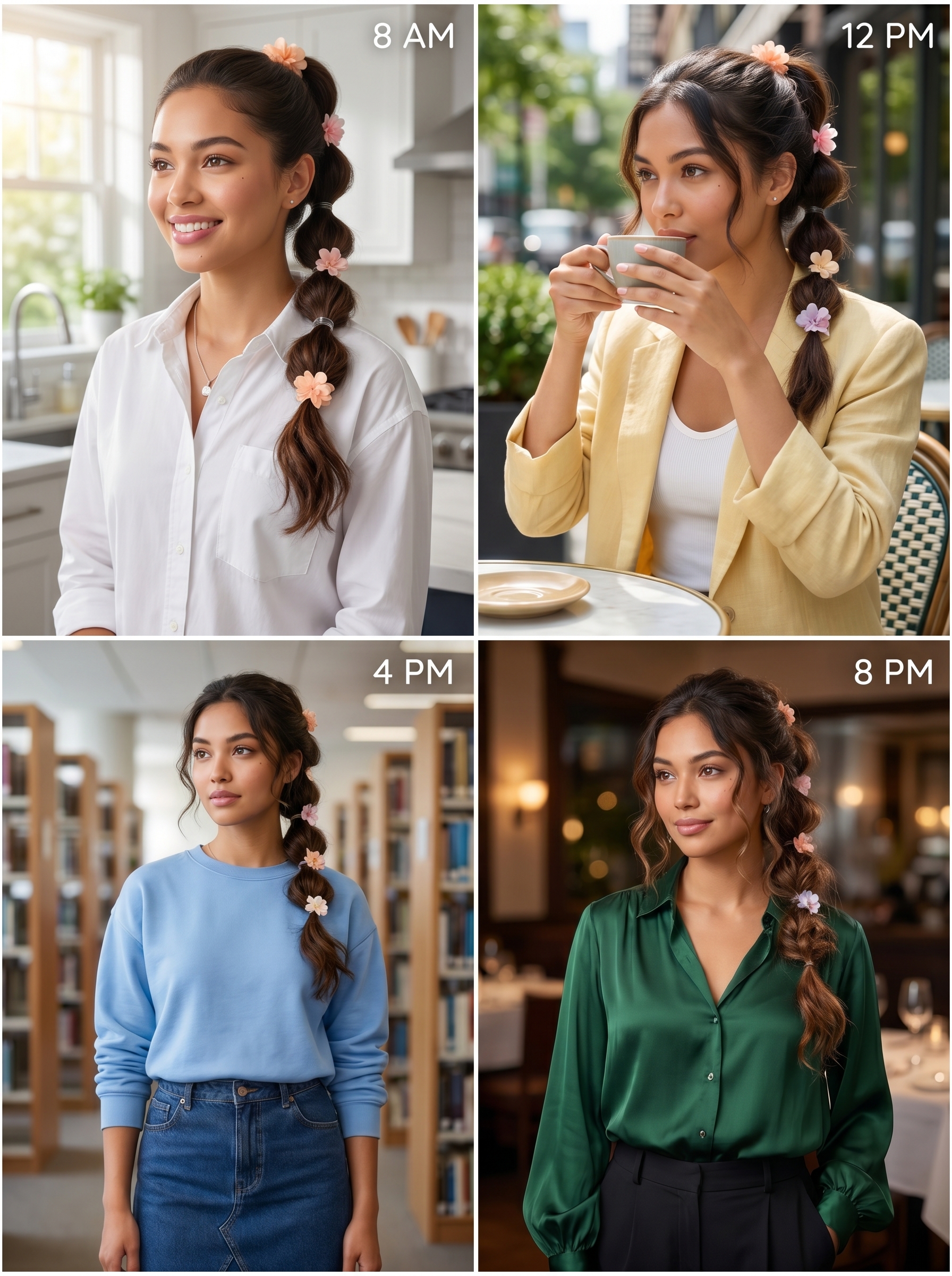 Playful Bubble Pony 2.0 with vibrant floral inserts, a cute and voluminous hairstyle for summer cute hair ideas 2026. This bohemian-inspired look uses clear elastics and texturizing spray, great for festivals or brunch.