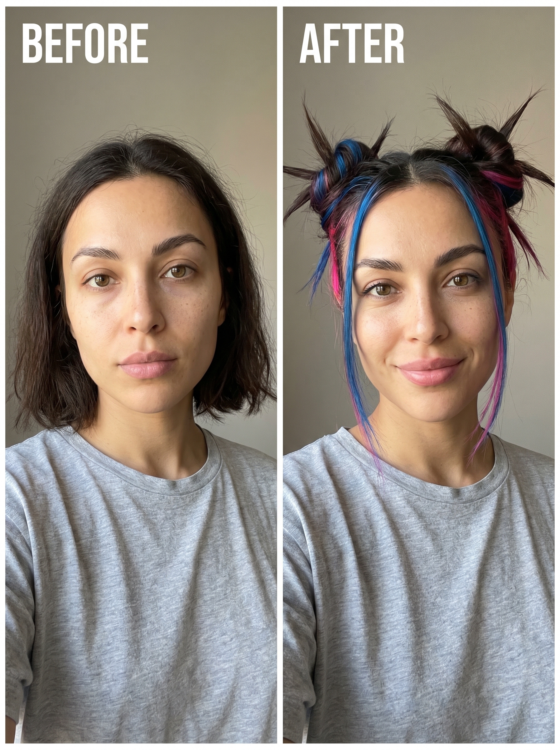 Edgy Cyber-Y2K spiky buns with neon green and electric blue face-framing streaks, perfect for summer cute hair ideas 2026. This bold hairstyle uses strong-hold gel and vivid dyes for a futuristic festival or party look.