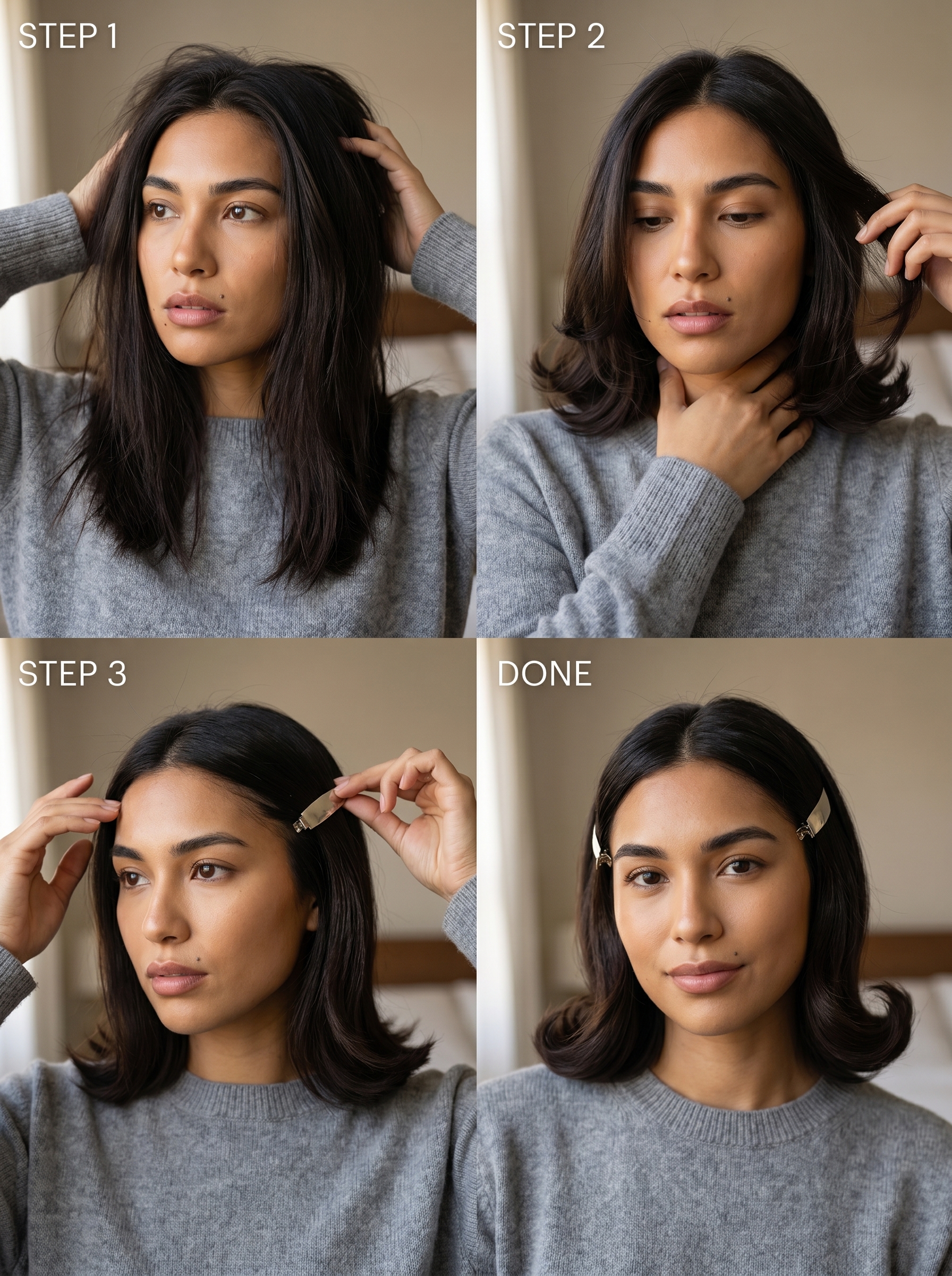 Chic Retro-Futurism Flipped Bob with sleek chrome clips, a polished and trendy summer cute hair idea in Linen Blonde, suitable for work or parties.