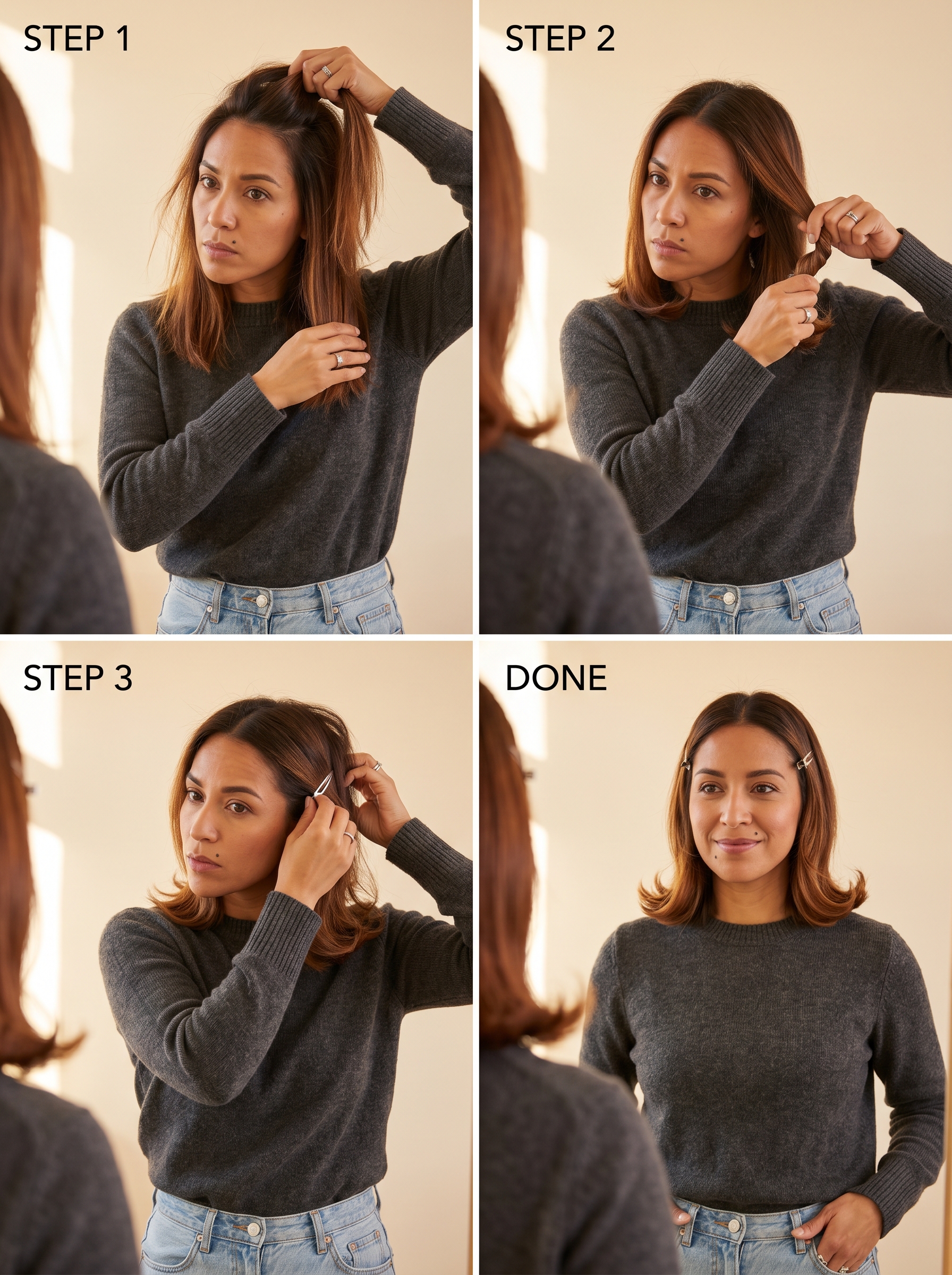 A sophisticated retro-futuristic flipped bob hairstyle for summer cute hair ideas 2026, featuring sleek ends and chrome clips. This edgy yet playful look uses a flat iron and high-shine spray, ideal for a date night or fashion event.
