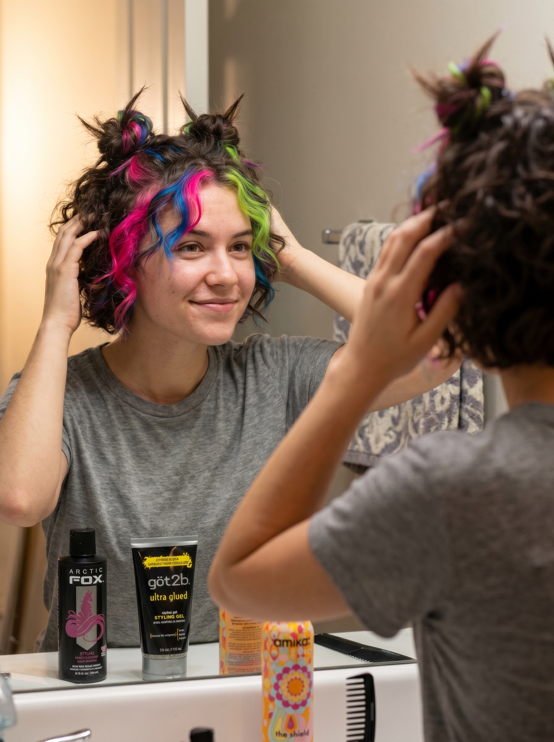 Bold Cyber-Y2K spiky buns with high-contrast neon pink, electric blue, and lime green face-framing streaks, a vibrant choice for summer cute hair ideas 2026. This playful style uses semi-permanent dye and strong-hold gel, ideal for parties.