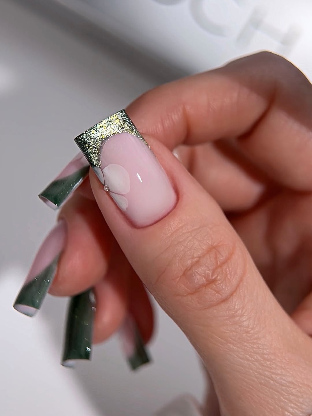 Summer Forest French Tips with Floral Accent