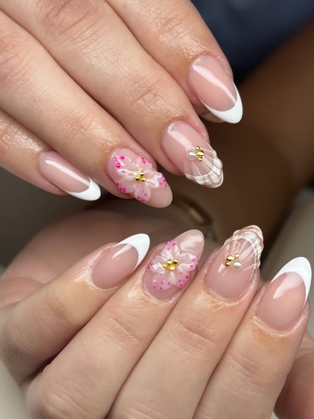 Summer French Tips with 3D Floral and Seashell Accents