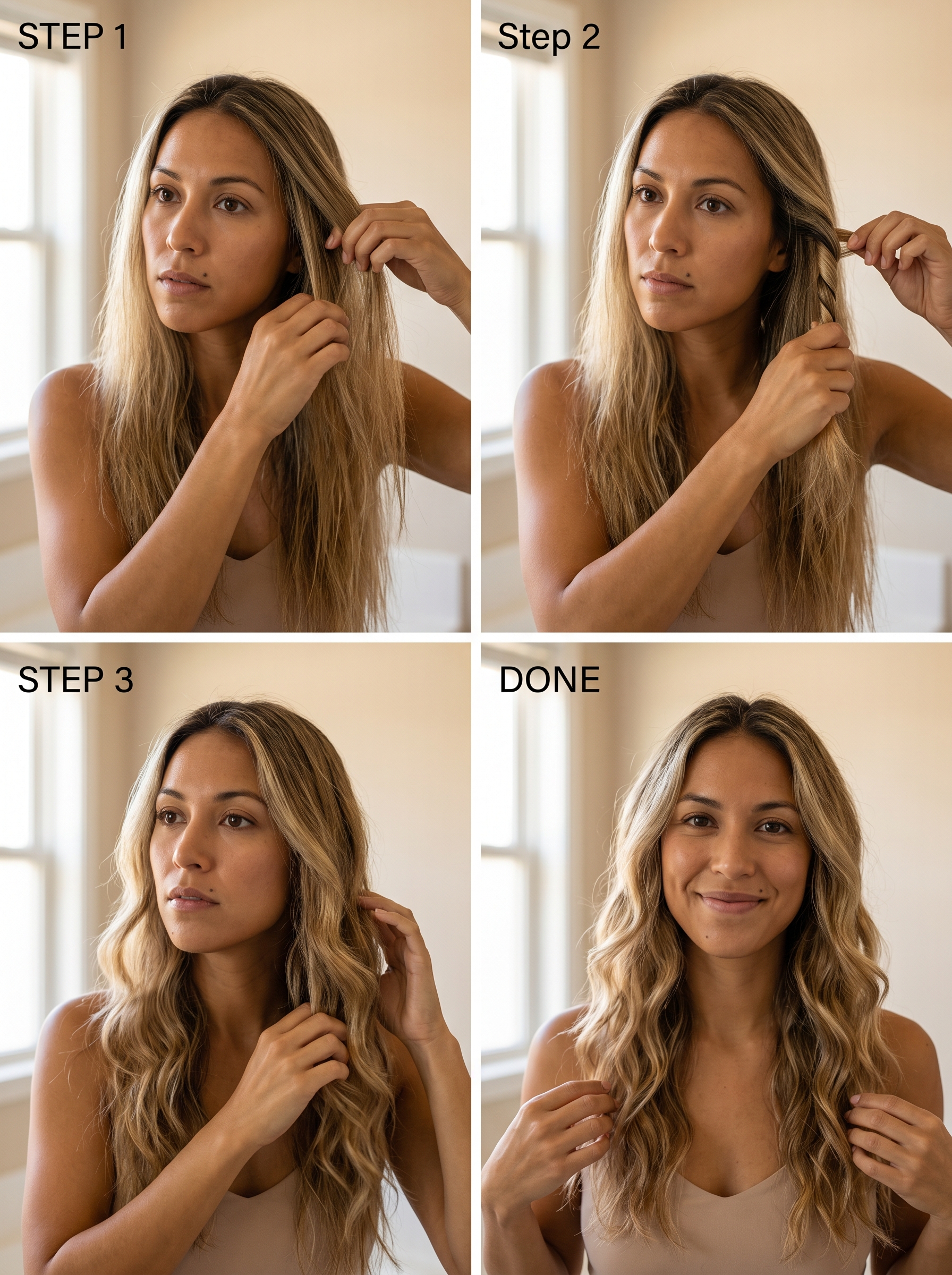 Effortless Linen Blonde Coastal Waves, a natural and relaxed style for summer hair cute colors 2026, featuring neutral blonde tones perfect for beach days.