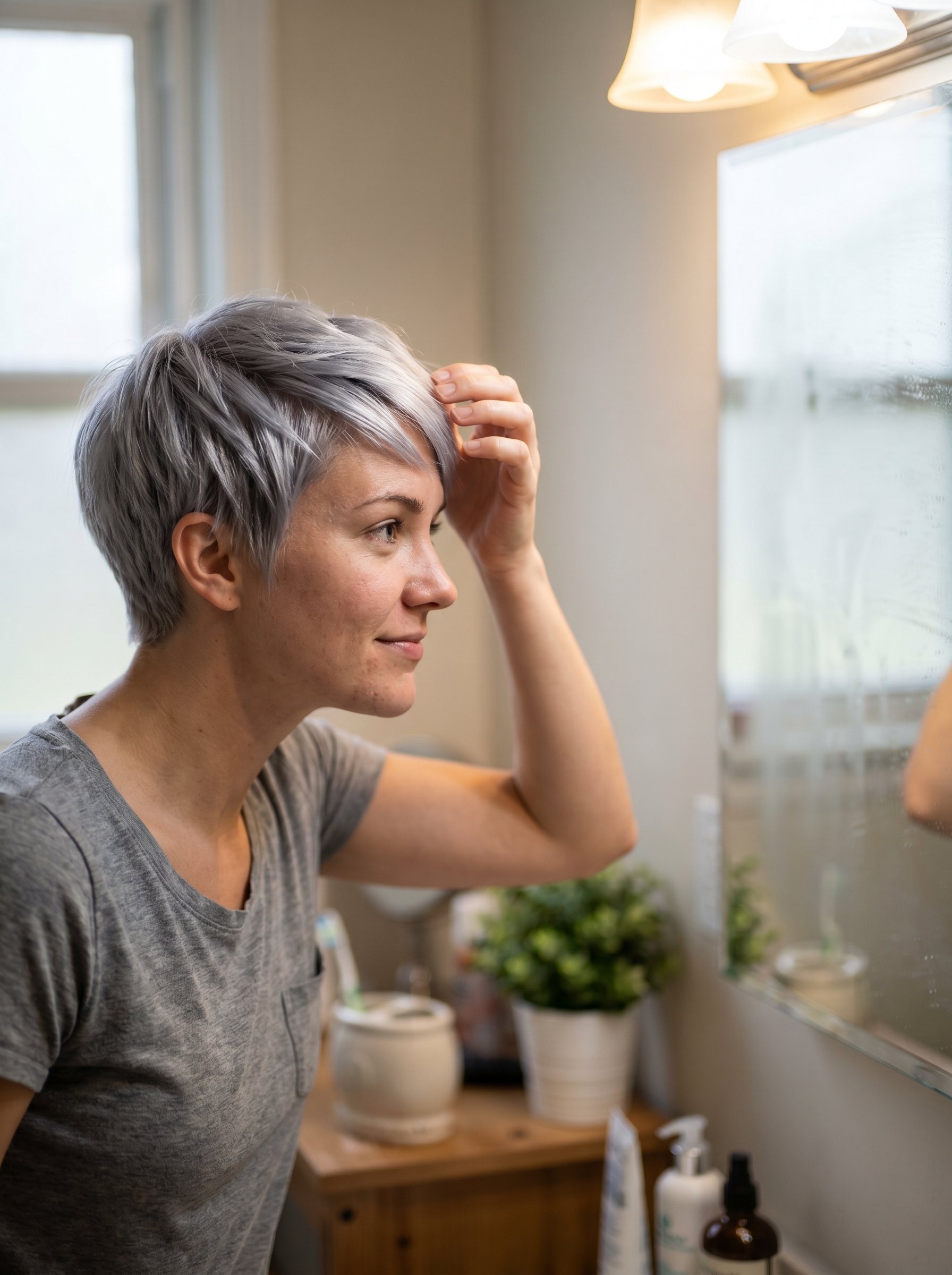 An edgy, chic, and modern Retro Futurism Silver Accented Pixie cut perfect for summer hair cute colors 2026, styled with silver accents for a fashion event or night out.