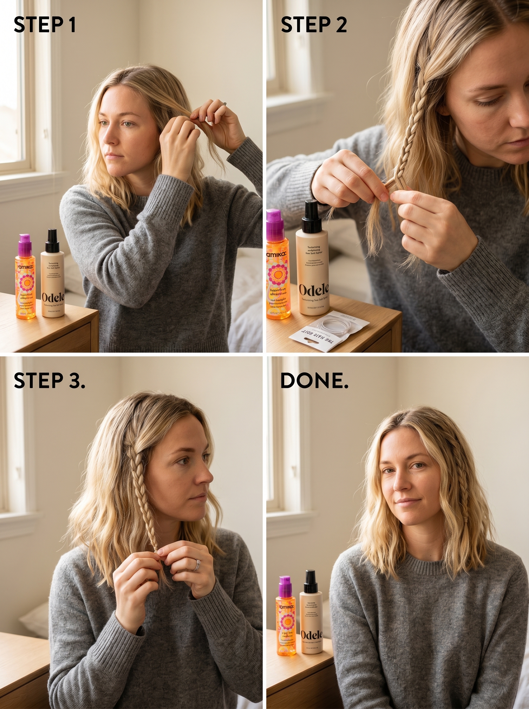 An effortless sun-kissed blonde and natural brown 'Coastal Cowgirl' hairstyle with micro-braid accents, perfect for summer festivals. This cute hair look incorporates sea salt spray for texture and uses small elastic bands for the braids.