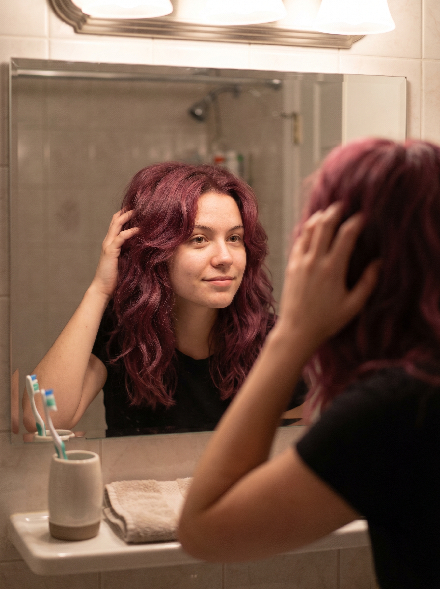A 'Soft Goth Summer' hairstyle featuring chunky deep berry face-framing highlights on dark hair with a sleek middle part. This edgy and mysterious cute hair style is perfect for summer concerts 2026.